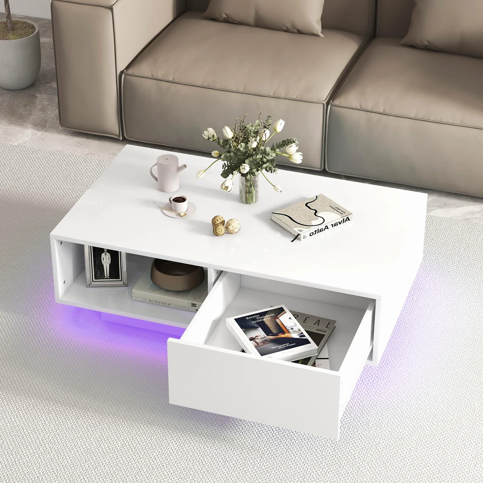 RELAX4LIFE Tavolino da Caffè Moderno 95x55x31cm, con 20 Luci LED Regolabili e Telecomando, in Legno con Finitura Lucida, Cassetto a Pressione e Ripiano Aperto, per Soggiorno, Max 65kg (Bianco)