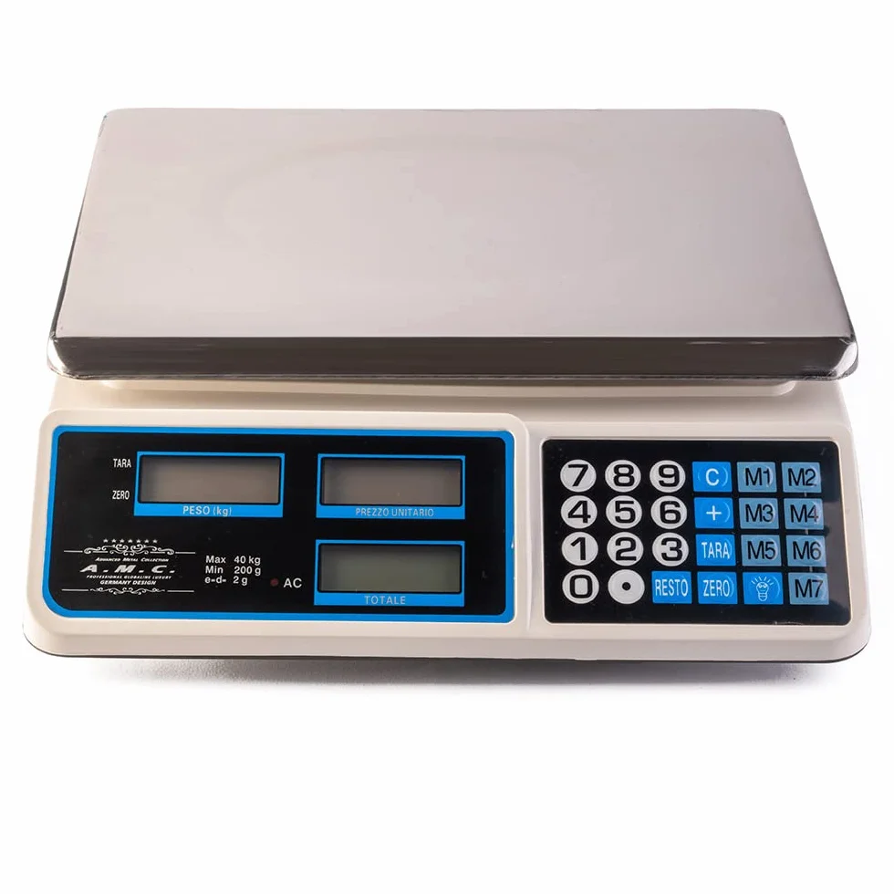 AMC Bilancia elettronica digitale da banco con 7 tasti di memoria, acciaio inox, 6 lcd, totale e peso portata max 40 kg divisione 2g
