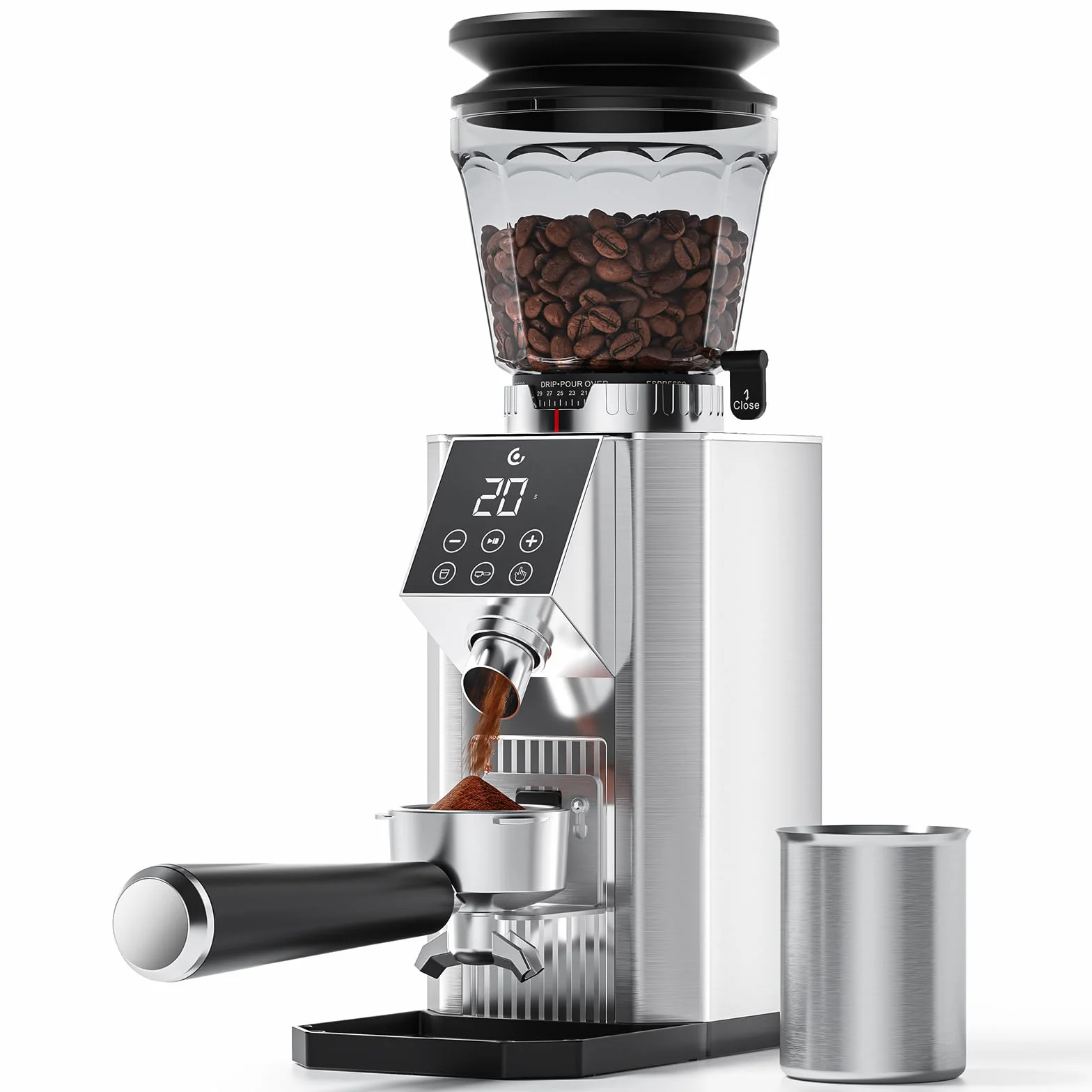 AMZCHEF Macinacaffè Elettrico con 45 Livelli di Macinatura, Macine Coniche in Acciaio Inox, Supporto Portafiltro Regolabile, Pannello di Controllo Touch LED, Corpo in Acciaio Inox