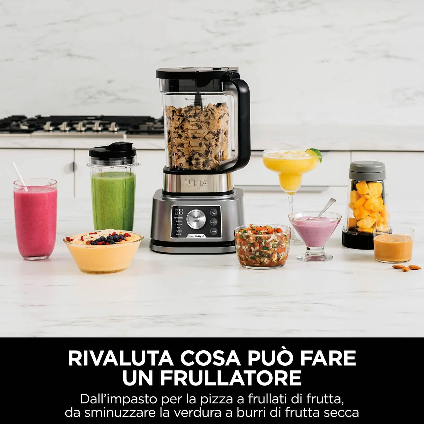 Ninja Foodi Frullatore Power Nutri 3 in 1,1200 W, caraffa da 2,1L, tazza 700ml e ciotola 400ml con Power Paddle, per frullati, creme dense e bibite ghiacciate, argento, CB350EU