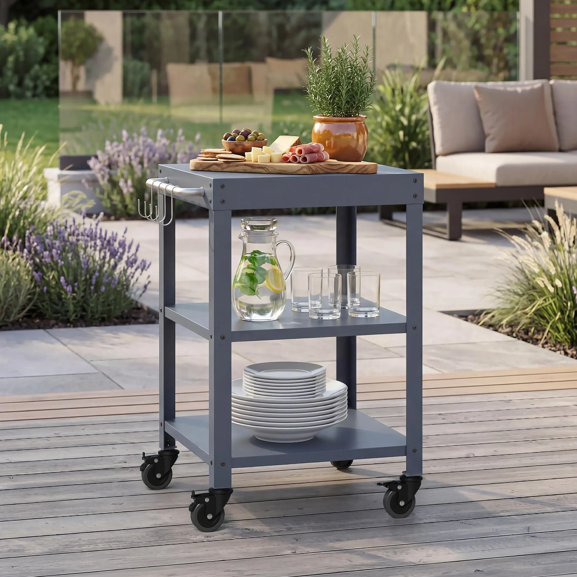 casa.pro Carrello Portavivande da Giardino in Acciaio con 3 Ripiani e Ruote Carrello Portatutto Da Cucina Servizio Portata a Rotelle 81x50x50 cm - Grigio Scuro opaco