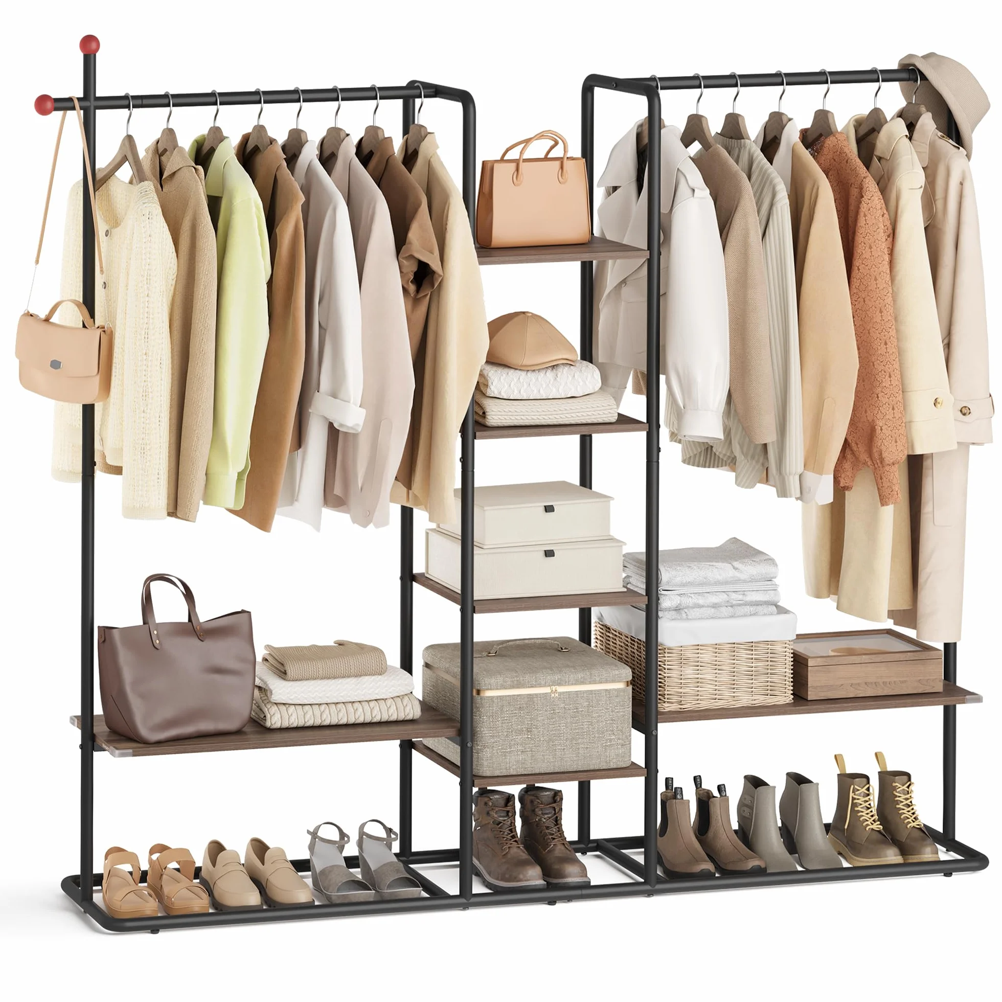 SONGMICS HOME Stand Appendiabiti, Guardaroba Aperto, 6 Ripiani Portaoggetti, 2 Barre, Ganci a Forma di Fiammifero, Armadio Camera da Letto, Noce Naturale e Nero Inchiostro RGR012B01