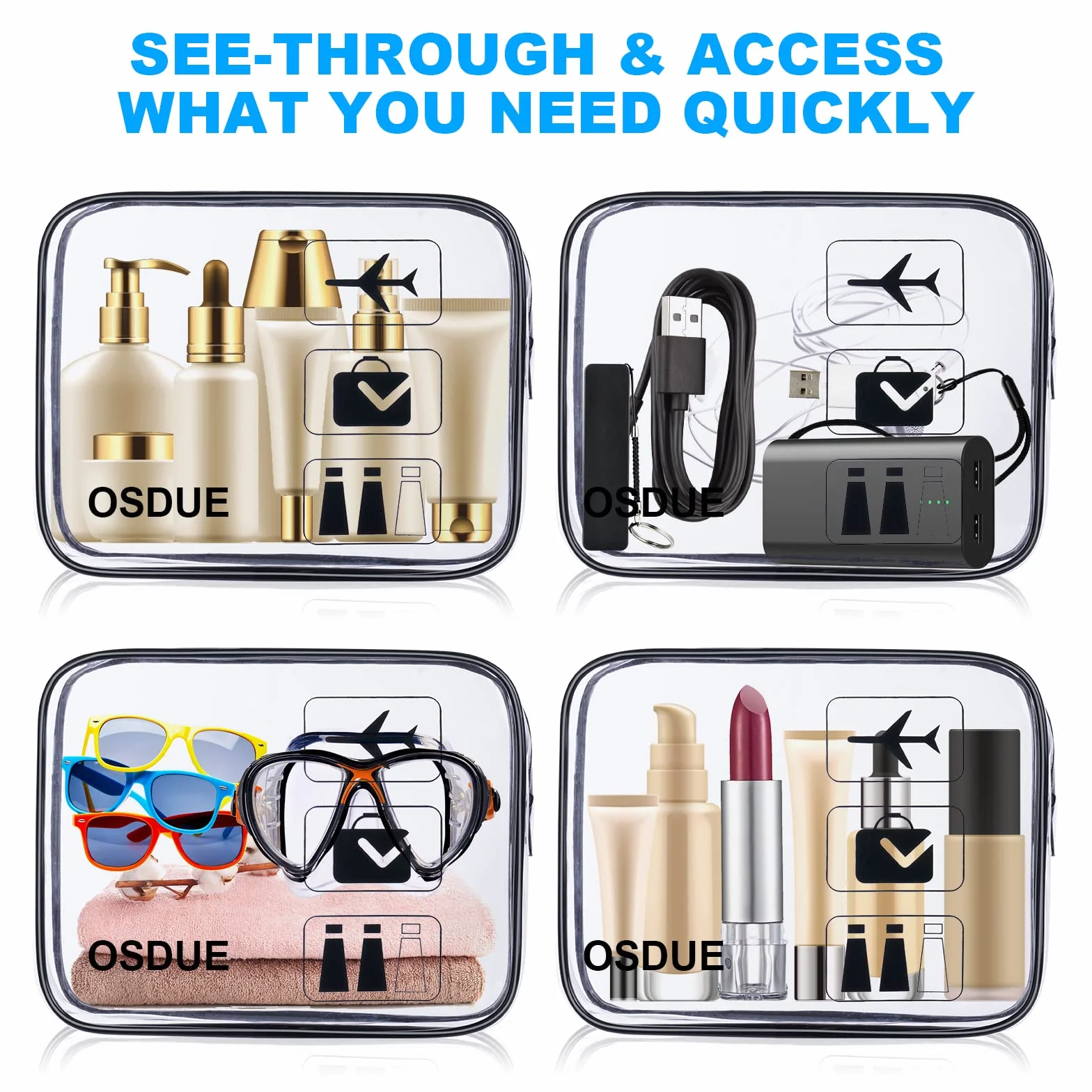Borse da Valigia Trasparenti 2 Pcs, Sacche da Aereo Beauty Case Impermeabili con Zip per Trasporto Liquidi (Nero)