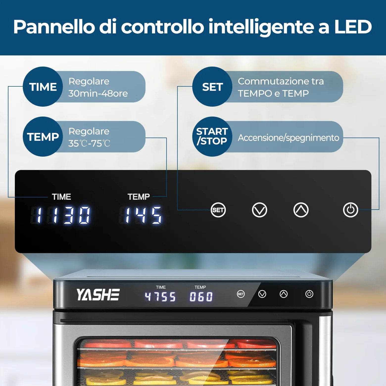 Essiccatore Alimentare in Acciaio Inox, Regolazione Precisa della Temperatura (35-75°C), Timer di 48 Ore, 9 Vassoi in Acciaio Inox, 2 Setacci in Rete, 1 Vassoio per Rotoli di Frutta, 1000W