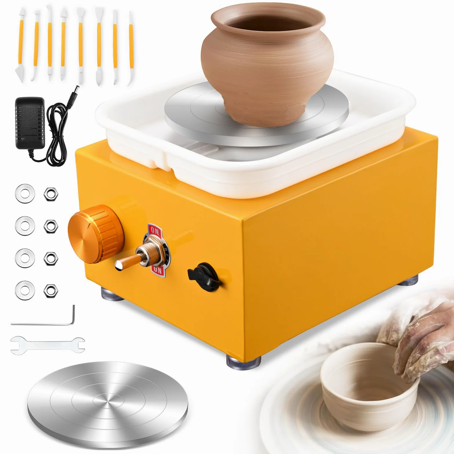 Tornio per Ceramica, Kooeuru Tornio per Argilla 2000 giri/min Velocità Regolabile con Piastre da 10/6,5 cm, Strumenti di Modellatura e Vasca Rimovibile, Tornio Ceramica per Bambini e Adulti, Giallo