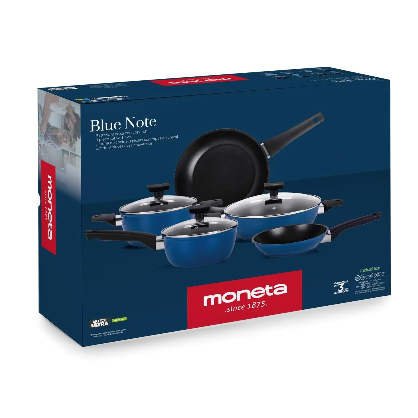 MONETA Batteria di Pentole e Padelle 8 Pezzi Blue Note - Set Pentole Induzione Antiaderenti con Fondo Spazzolato, Senza PFOA e Nichel, Adatta a Tutti i Pani Cottura