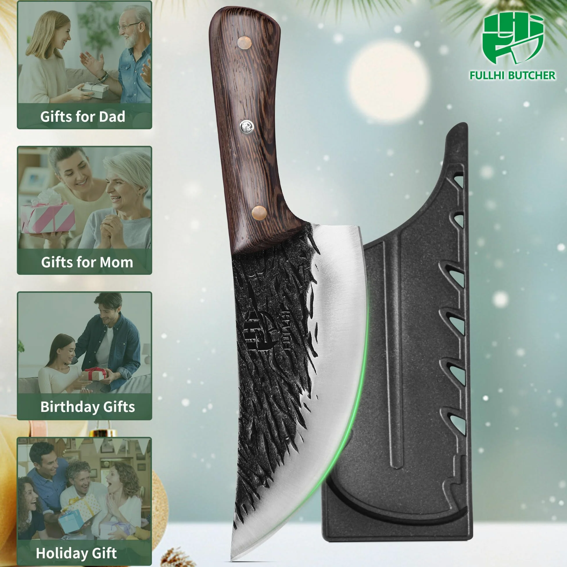 FULLHI Manico in legno Mannaia per carne pesante con fodero 2 pezzi, affettatrice in acciaio ad alto tenore di carbonio per la casa, il campeggio e il barbecue (Marrone, 17cm)