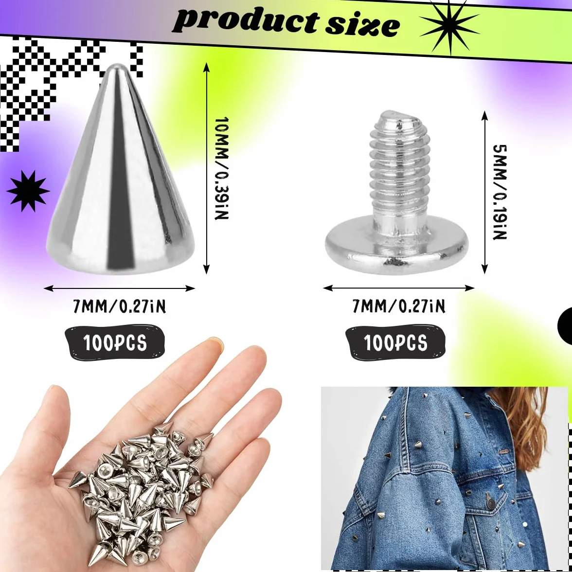 100 Pezzi Rivetti Punk, 7 x 10 mm Conico Borchie Decorative Argento per Vestiti, Borchie a Vite Punta, Rivetti Pelle Punk in Metallo con Vite per Cuoio, Borse, Scarpe, Jeans, Cintura