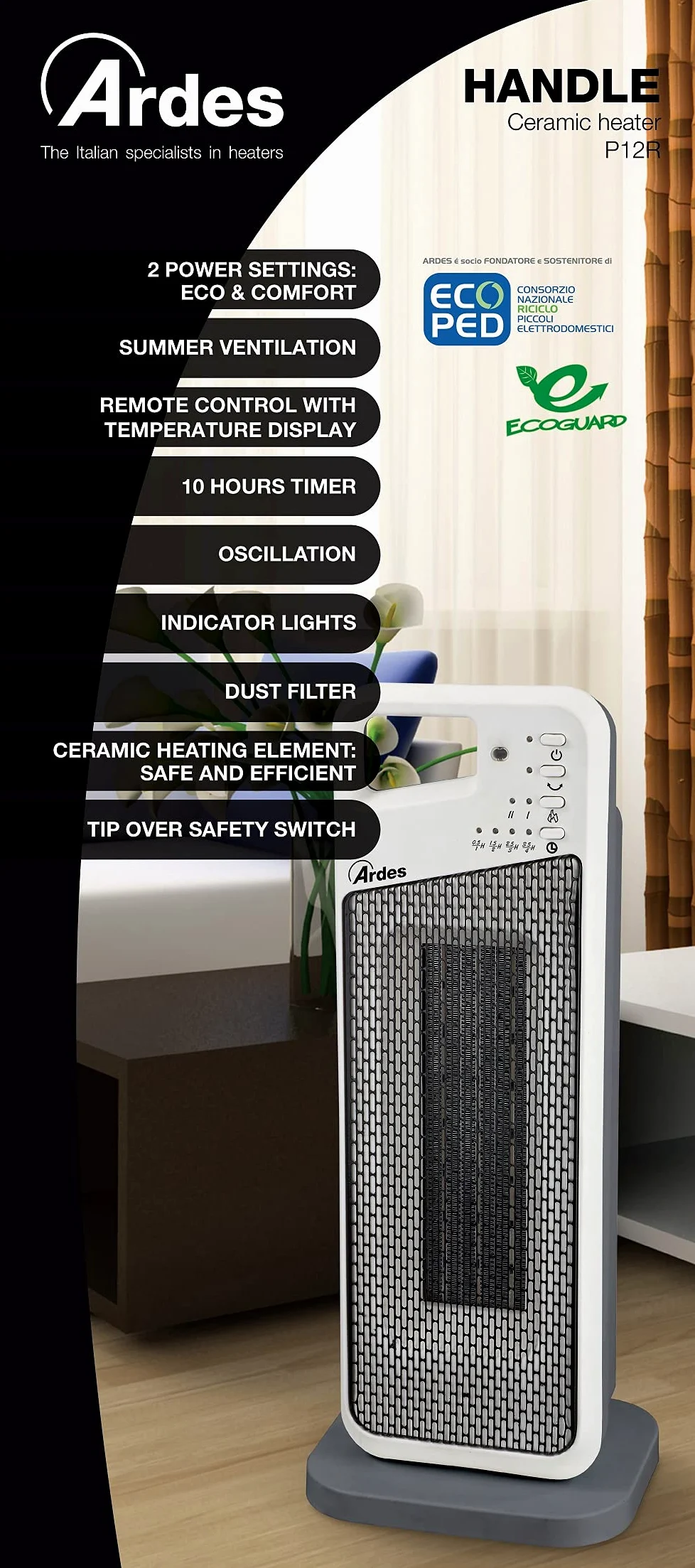 Ardes AR4P12R Handle Termoventilatore Ceramico PTC Oscillante a Torre, 2 Potenze e Telecomando con Display Temperatura, 2000 W, Grigio con Dettagli