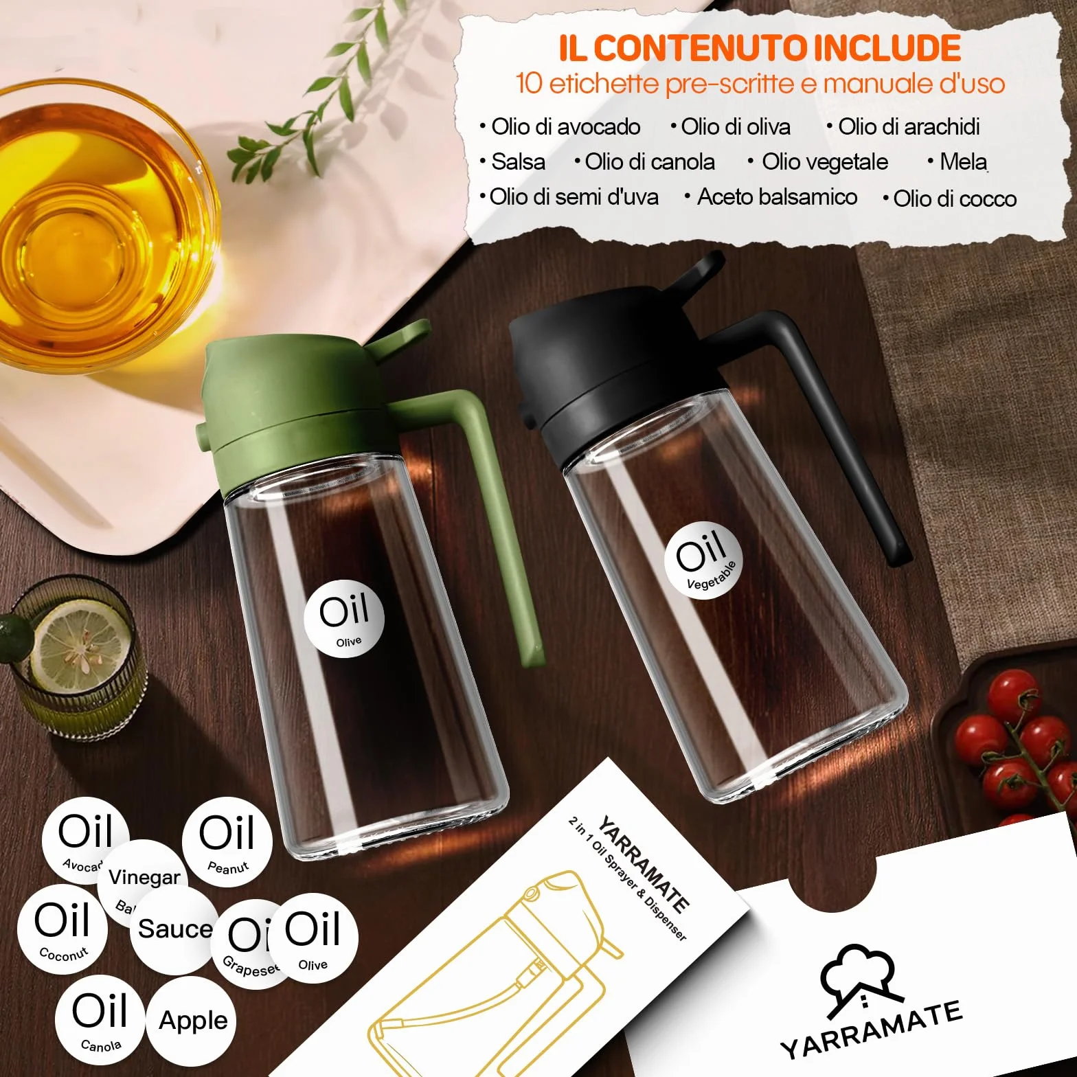 YARRAMATE, Spruzzatore per olio da 470 ml per cucinare con adesivi, dispenser di olio d'oliva 2 in 1 di qualità alimentare, per gadget da cucina, insalata, friggere, barbecue, verde oliva
