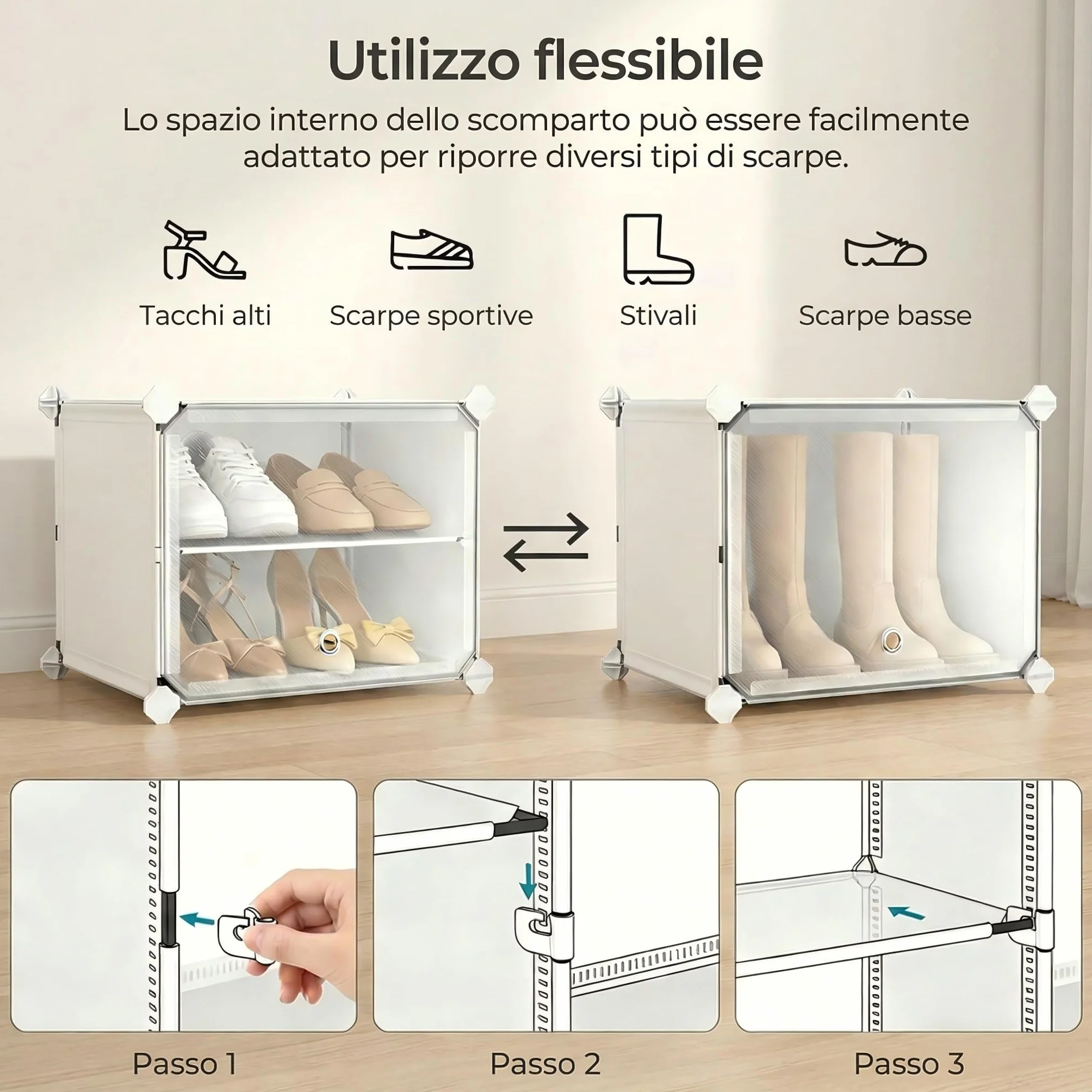 Scarpiera salvaspazio slim alta e stretta 10 livelli con porta bianca plastica modulare per ingresso corridoio camera da letto