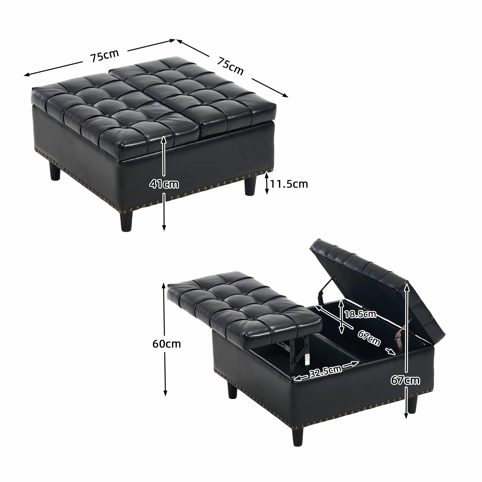 Sedia grande con vano portaoggetti quadrata, scatola imbottita, adatta per soggiorno, camera da letto, studio (nero PU)