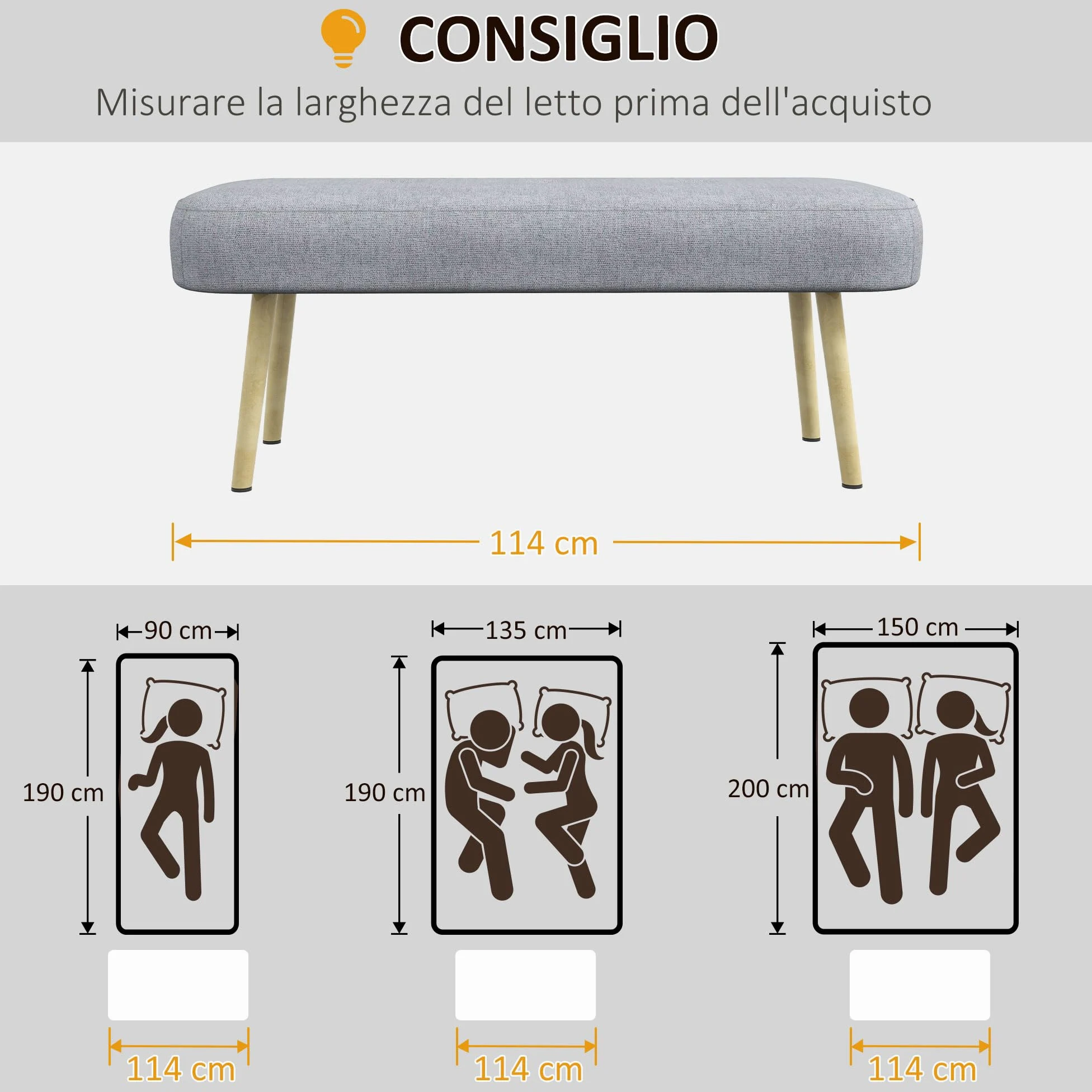 HOMCOM Panca Imbottita Fondo Letto in Tessuto con Gambe in Acciaio Effetto Legno, Panca per Ingresso, Salotto e Camera, 114x38x45cm, Grigio