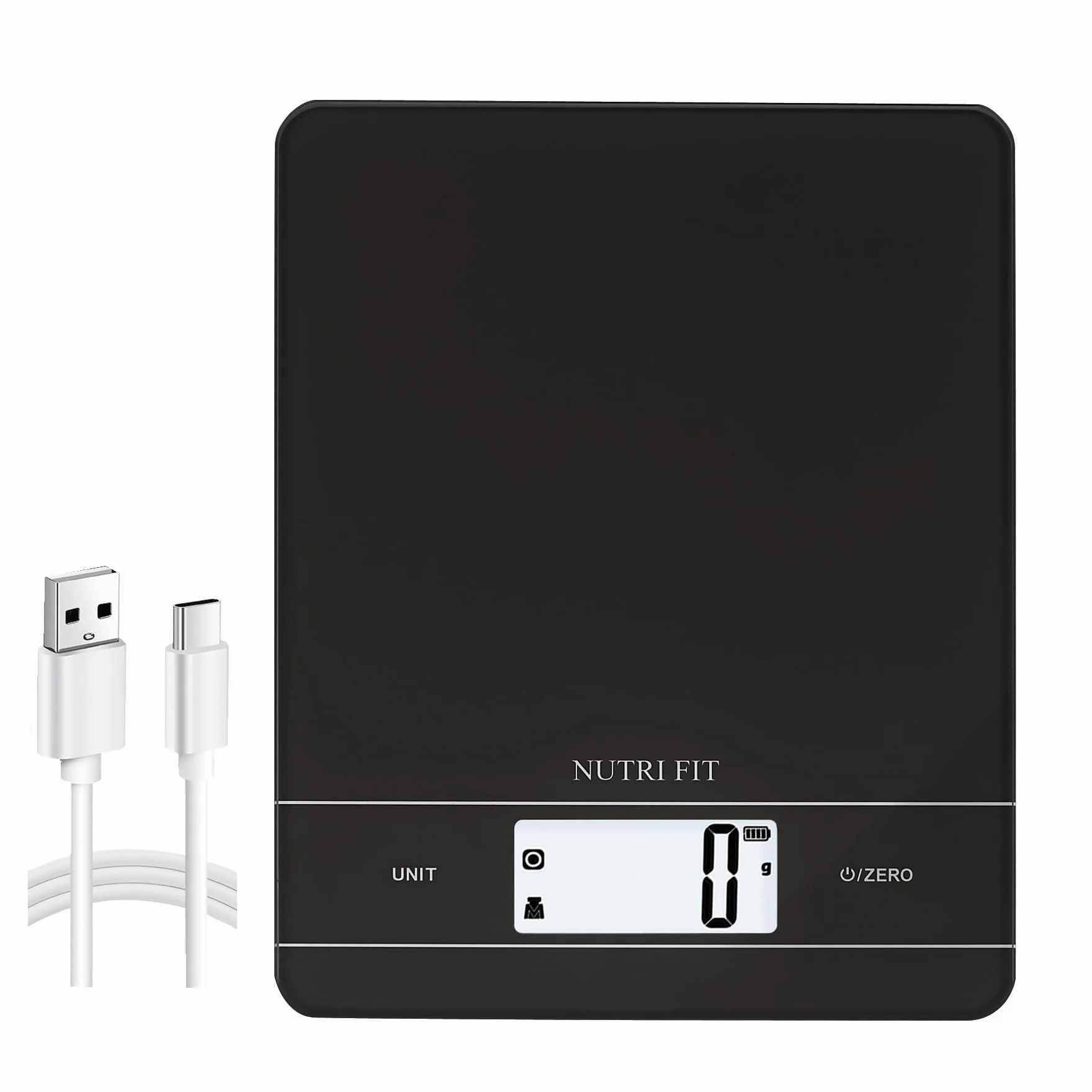 NUTRI FIT Bilancia da cucina digitale ricaricabile, bilancia elettronica per alimenti con ricarica USB-tipo C per cucinare e cuocere al forno, LCD retroilluminato, 11 libbre/5 kg (Nero)