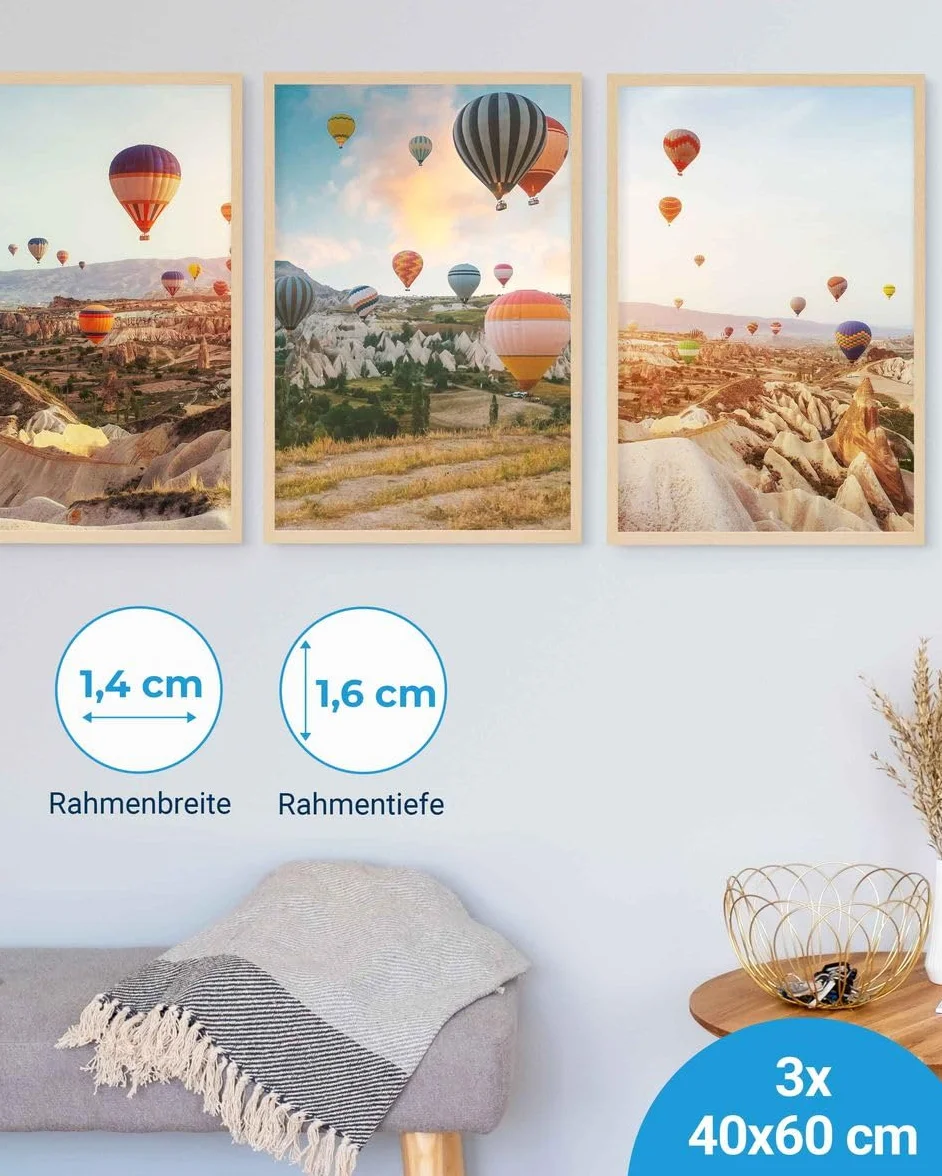 PHOTOLINI Cornici 40x60 cm MDF naturale, set 3 plexiglass infrangibile da parete