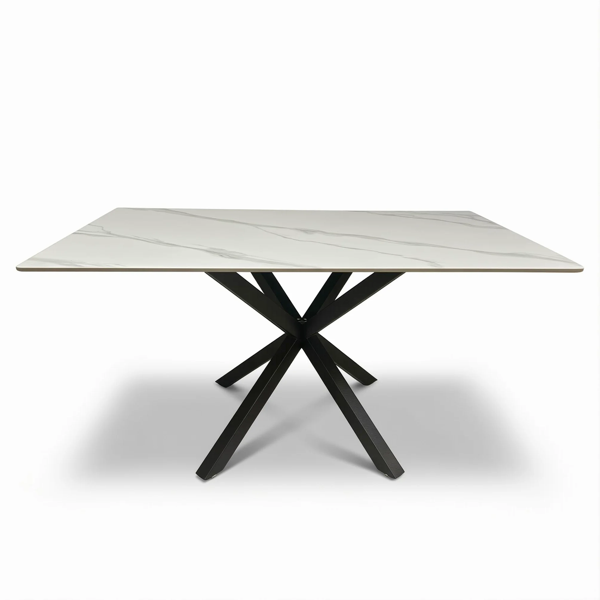 Tavolo da Pranzo in Ceramica Gres Porcellanato 150x90 cm – Piano Lucido Antigraffio Antimacchia – Gambe Incrociate Ferro Verniciato Nero – Finitura Pandora o Calacatta Bianco Marmo