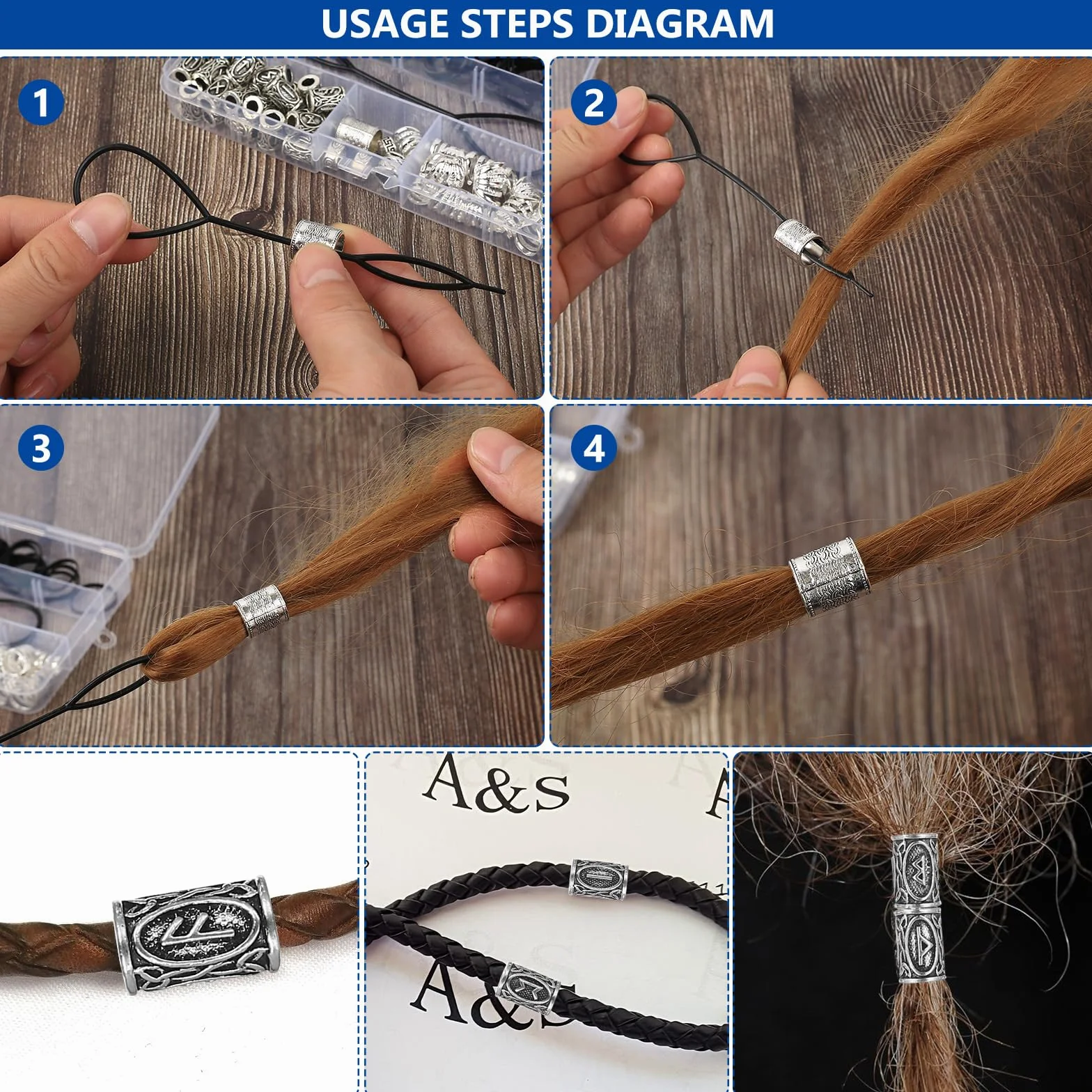 48 Pz Perline per Barba in Metallo Vikingo, Accessori Dreadlocks Treccia con 50 Elastici