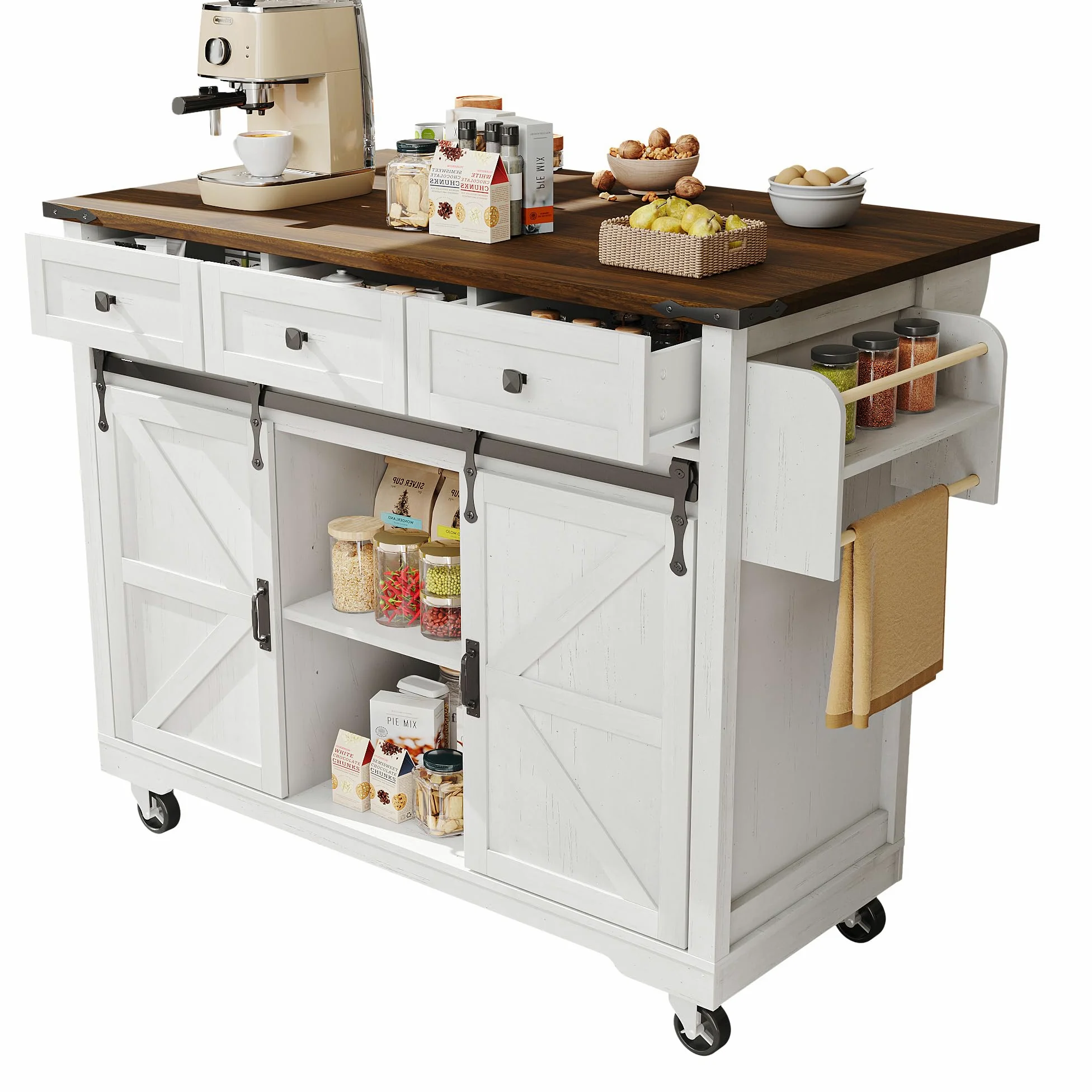 Isola della Cucina, Carrello da Portata Con Piano di Lavoro Estraibile, Su Ruote, Armadio Con Ante e Cassetti (Due Ante+Tre)