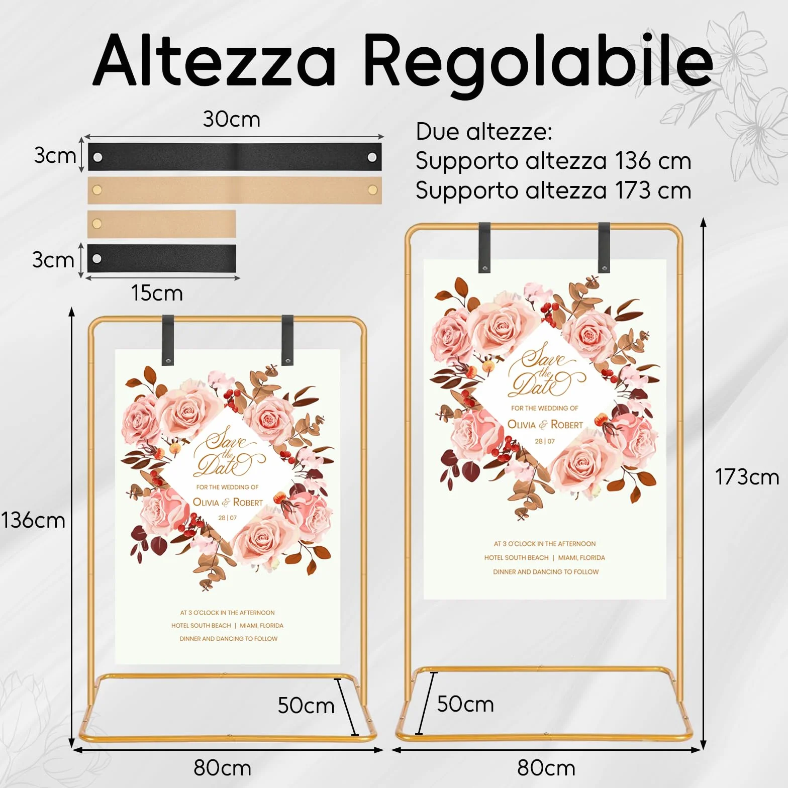 Regulowany stojak na plakat ślubny 173x80x50 cm z 4 paskami skórzanymi, złoty