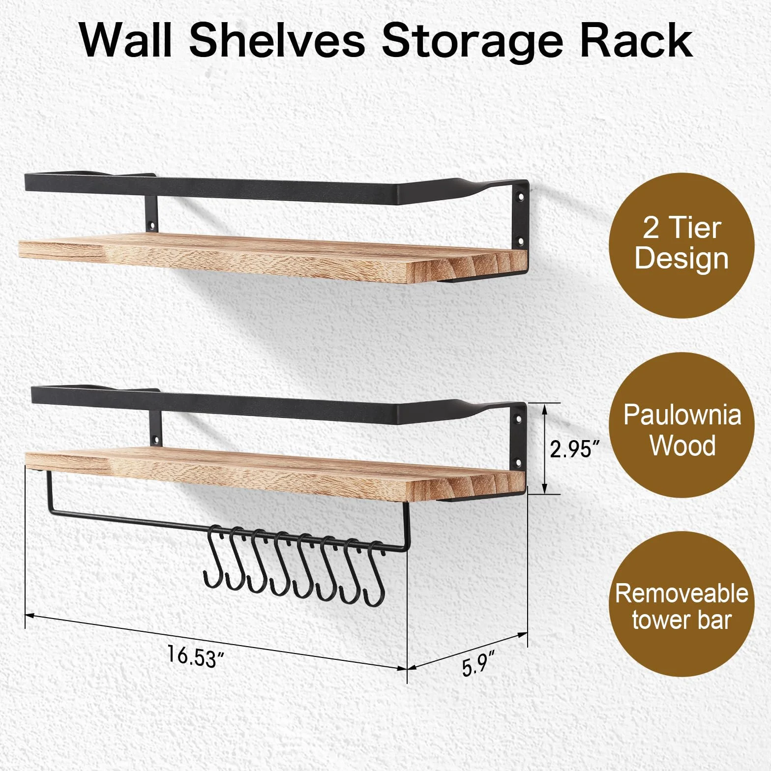 Uten Mensole da Muro Design Moderne Set 2 Pezzi Legno Portasciugamani Ganci 42x15x6,8 cm