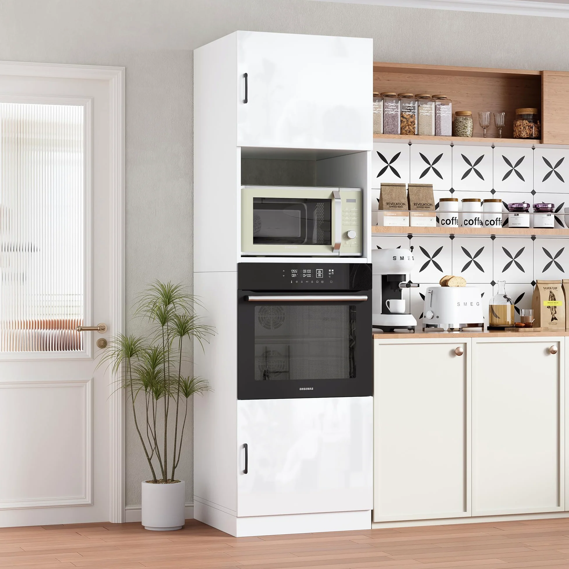 MSFE Colonna Forno e Microonde da Incasso,Mobile Alto da Cucina 60 * 57.2 * 207cm,Mobile Cucina Salvaspazio in Legno,Cucina a Buffet con 2 Ante e 2 Ripiani Bianco Lucido,Spedito in 2 Pacchi