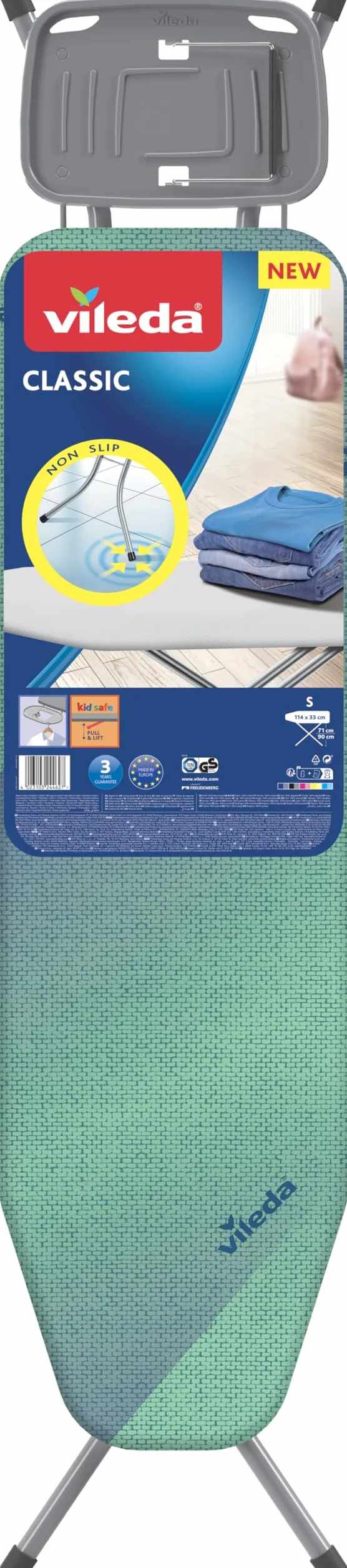 Vileda Classic | Asse da stiro con poggiaferro con archetto reversibile | Copriasse da stiro in cotone | Trasporto sicuro | Semplice da riporre
