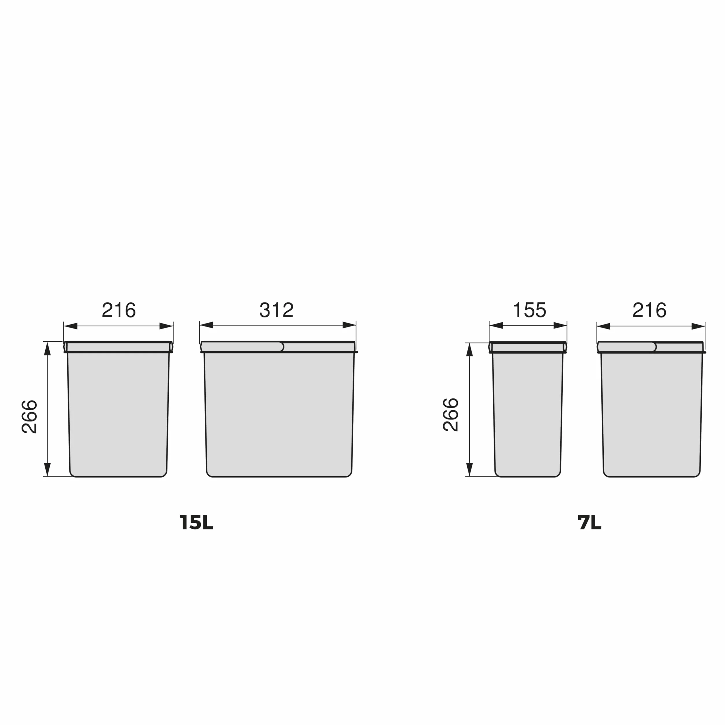 Emuca - Contenitori per cassetti da cucina Recycle, Altezza 266, 2x15L + 2x7L, Plastica grigio antracite, Tecnoplastica