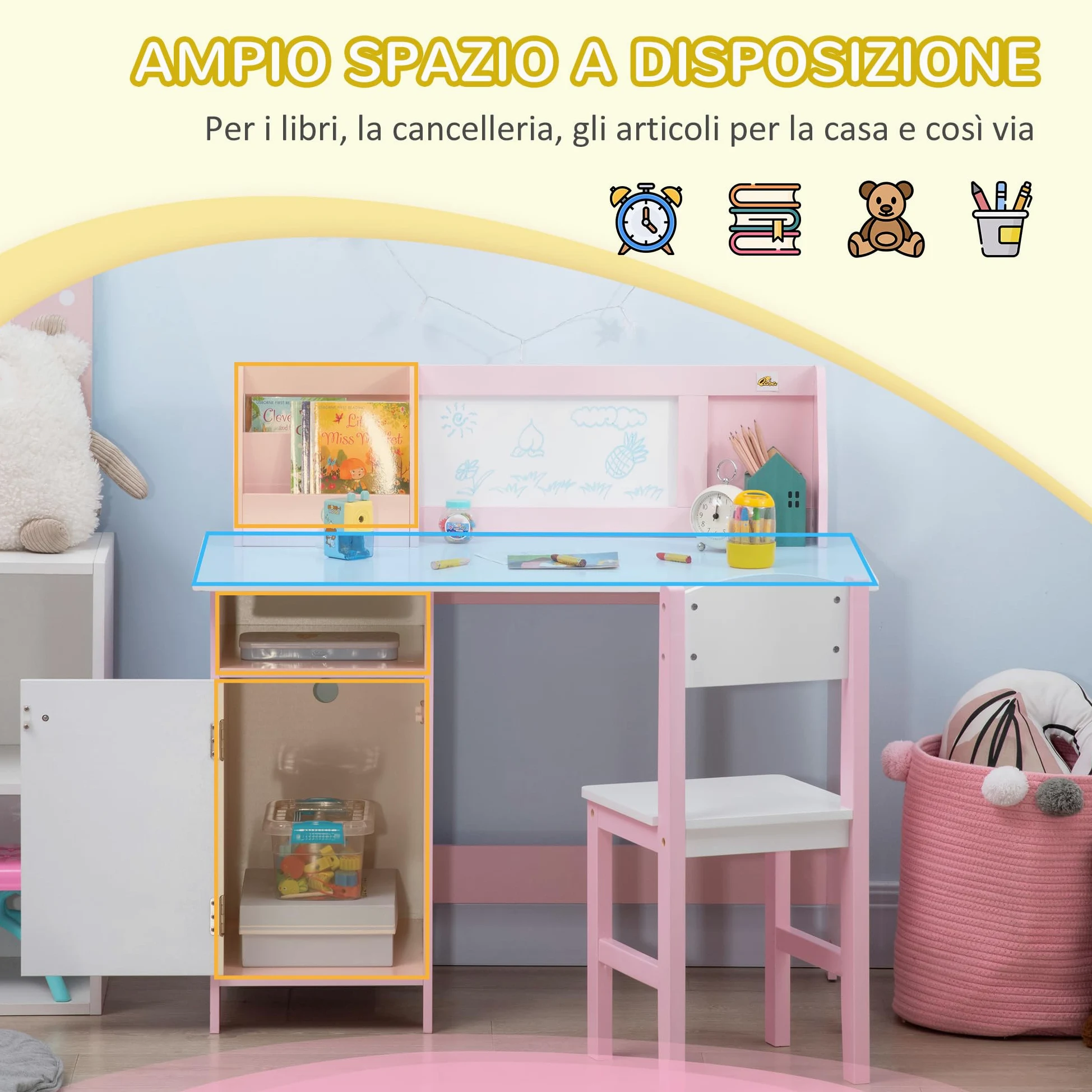 HOMCOM Set Tavolo e Sedie per Bambini 5-8 Anni in Legno con Banco Scuola, Set di Mobili per Bambini con Spazio Portaoggetti e Lavagna Bianca e Sedia, Bianco e Rosa