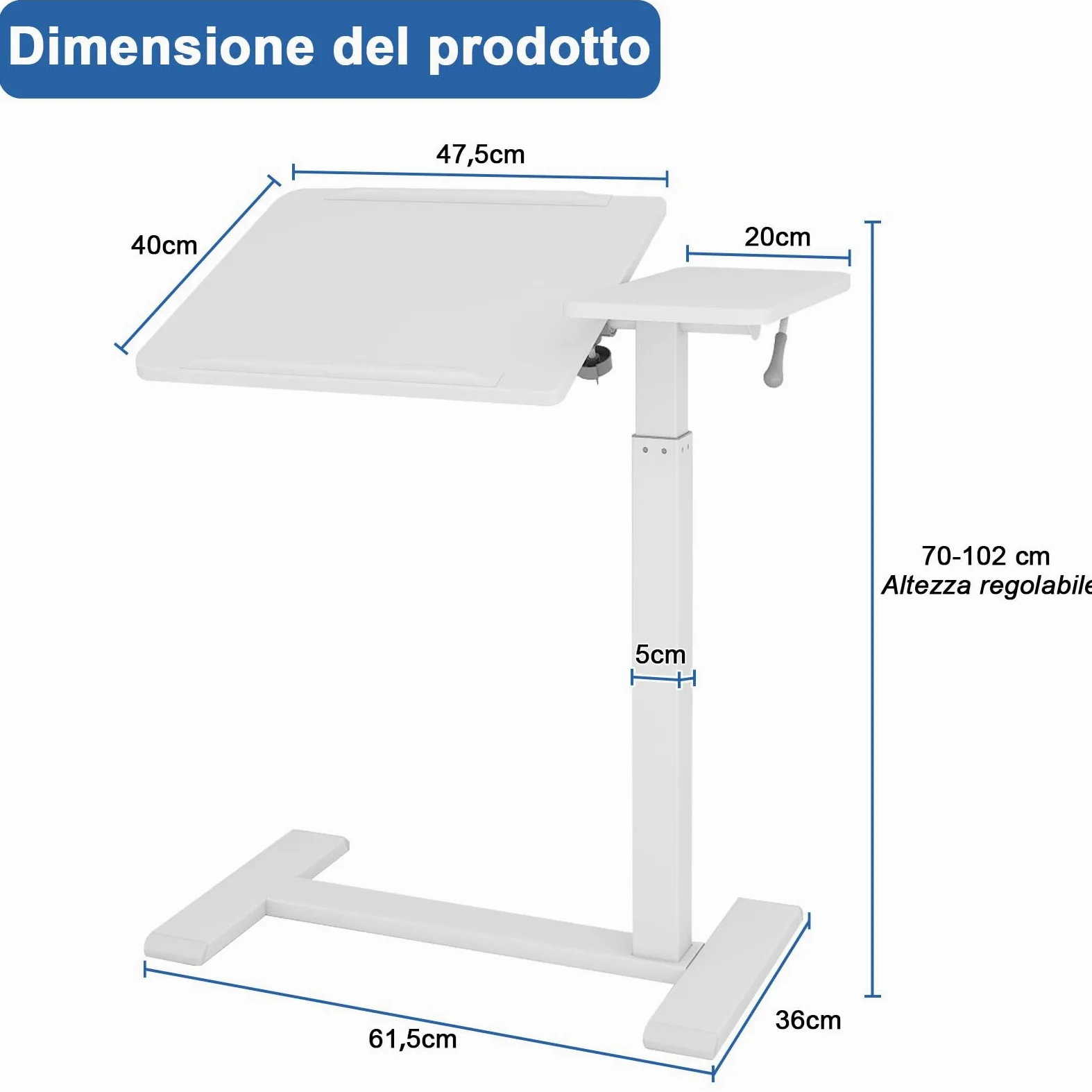 PUNCIA Tavolino da Laptop Scrivania per Computer 68x40 CM Regolabile in Altezza 70-102cm Tavolo da Letto con Ruote Tavolino Porte PC Porta Computer da Scrivania per Ufficio e Casa (Bianco)
