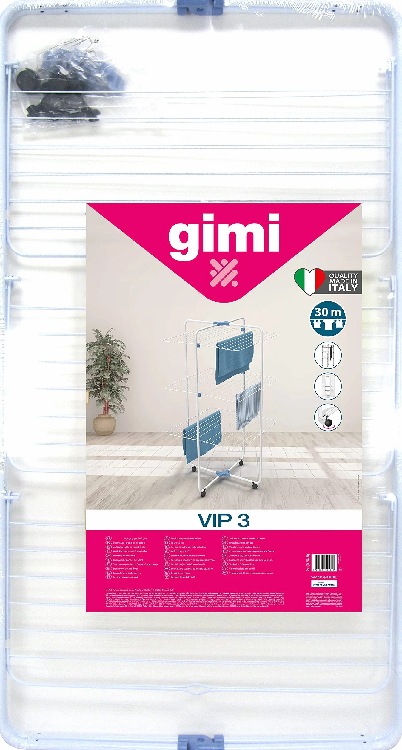Gimi Vip 3 Stendibiancheria da Pavimento, Stendino a Torre, Verticale, 3 Ripiani, Spazio di Stenditura 30 m, con Ruote, Acciaio, 71 x 71 x 131 cm