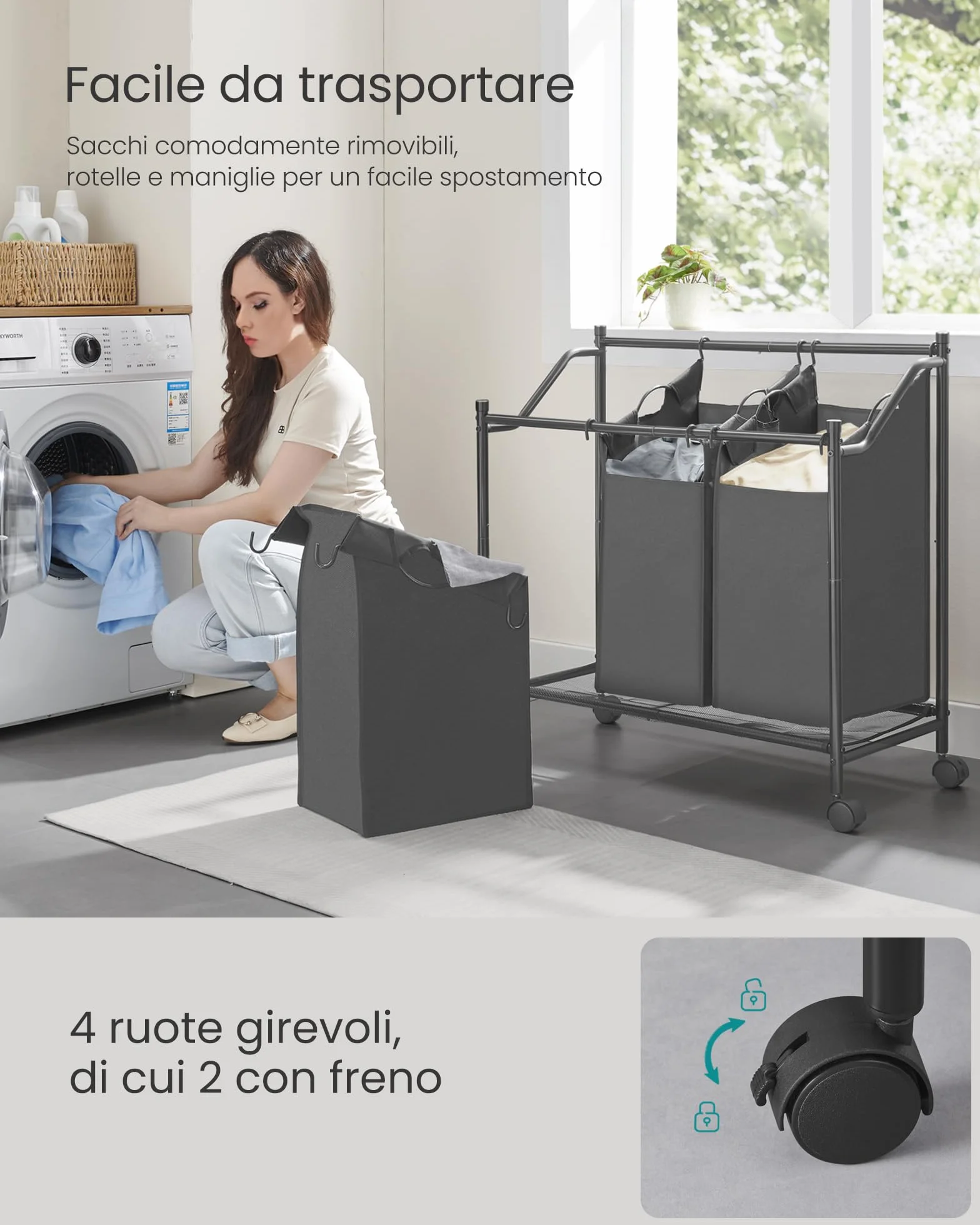 SONGMICS Carrello Portabiancheria, Cesto Porta Biancheria con 3 Sacchi Rimovibili, Carrello per Lavanderia, Camera da Letto, Bagno, 3 x 45 L, Grigio Ardesia RLS102G01