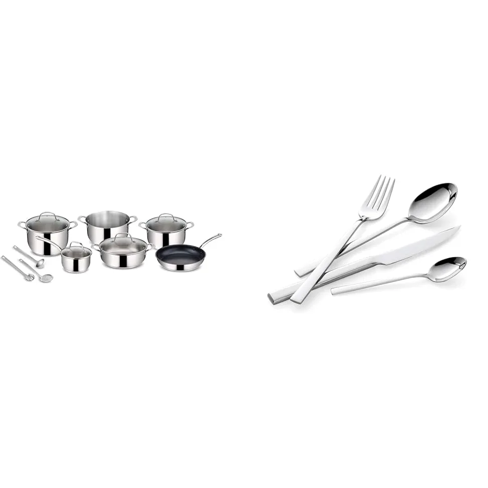 Lagostina Evelia Set di Pentole Induzione, Gas e Forno in Acciaio Inox 18/10, 13 Pezzi & Giada Set Servizio Posate Acciaio Inox 18/10 per 6 Persone, 24 Pezzi, con 6 Forchette
