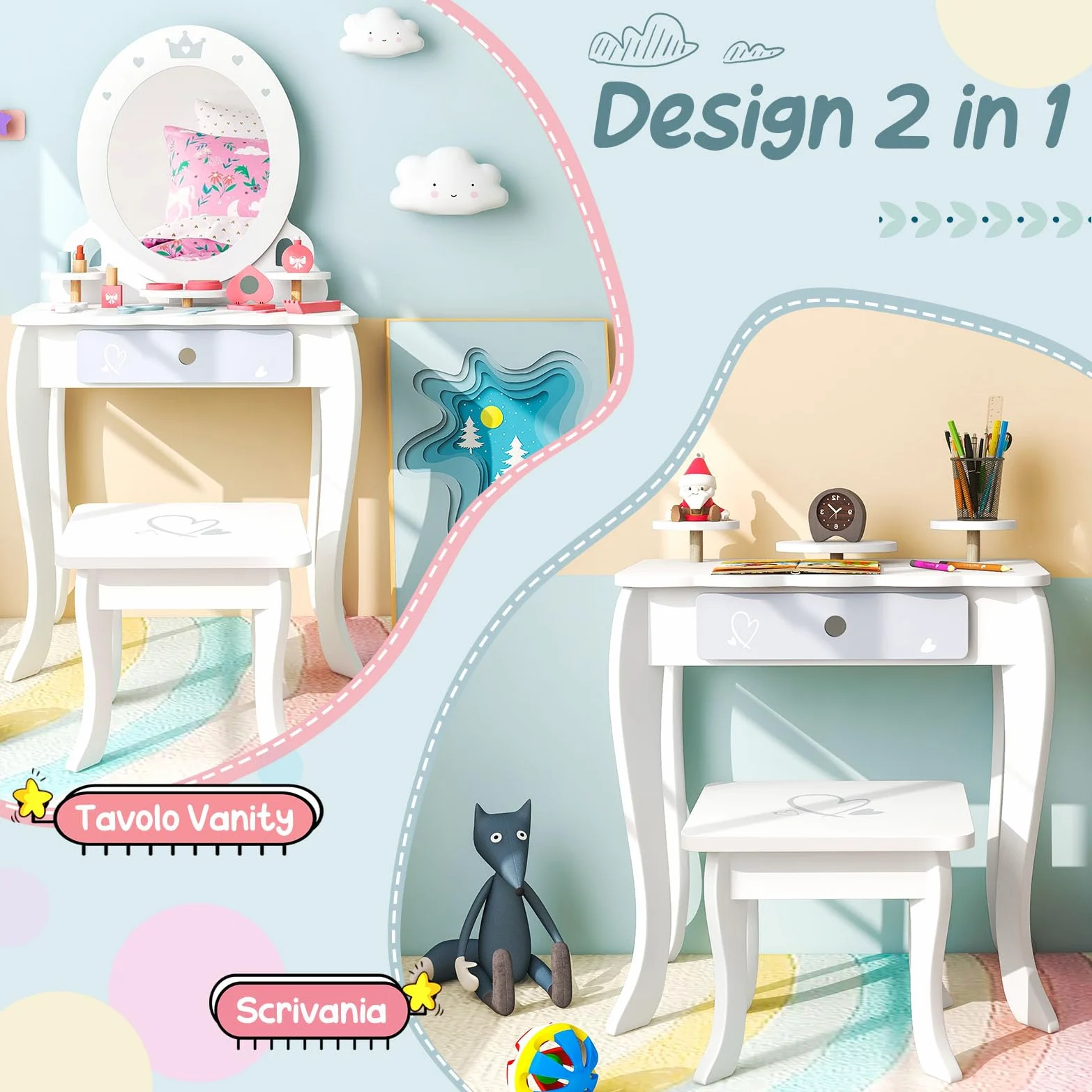 COSTWAY Toeletta Trucco 2 in 1 per Bambina, Specchiera Staccabile per Ragazza in Legno con Sgabello, Cassetto, Ripiani e Giocattoli, Postazione Trucco per 3 Anni, 50 x 34 x 93 cm, Bianco
