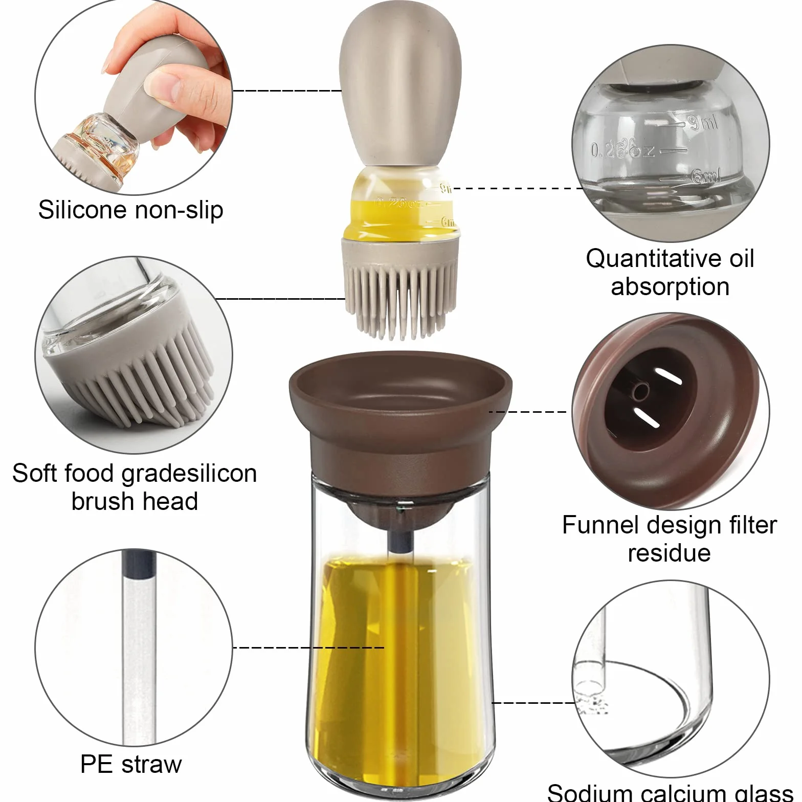 Bottiglia di olio con Pennello in Silicone, Dosatore Olio Cucina, Dispenser per Liquido con Spazzola (Marrone)