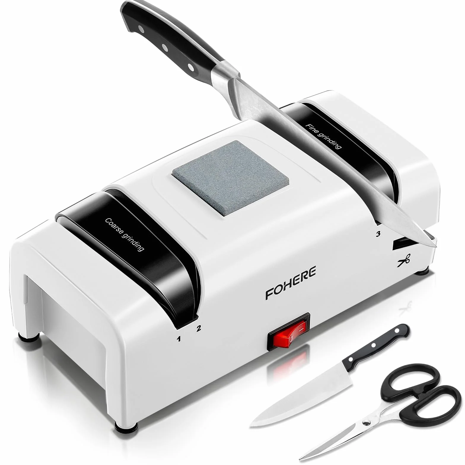 FOHERE Affilacoltelli Elettrico Professionale 5 in 1, 2 Raccoglitrucioli Magnetici, Abrasivi Diamantati per Coltelli da Cucina e Forbici