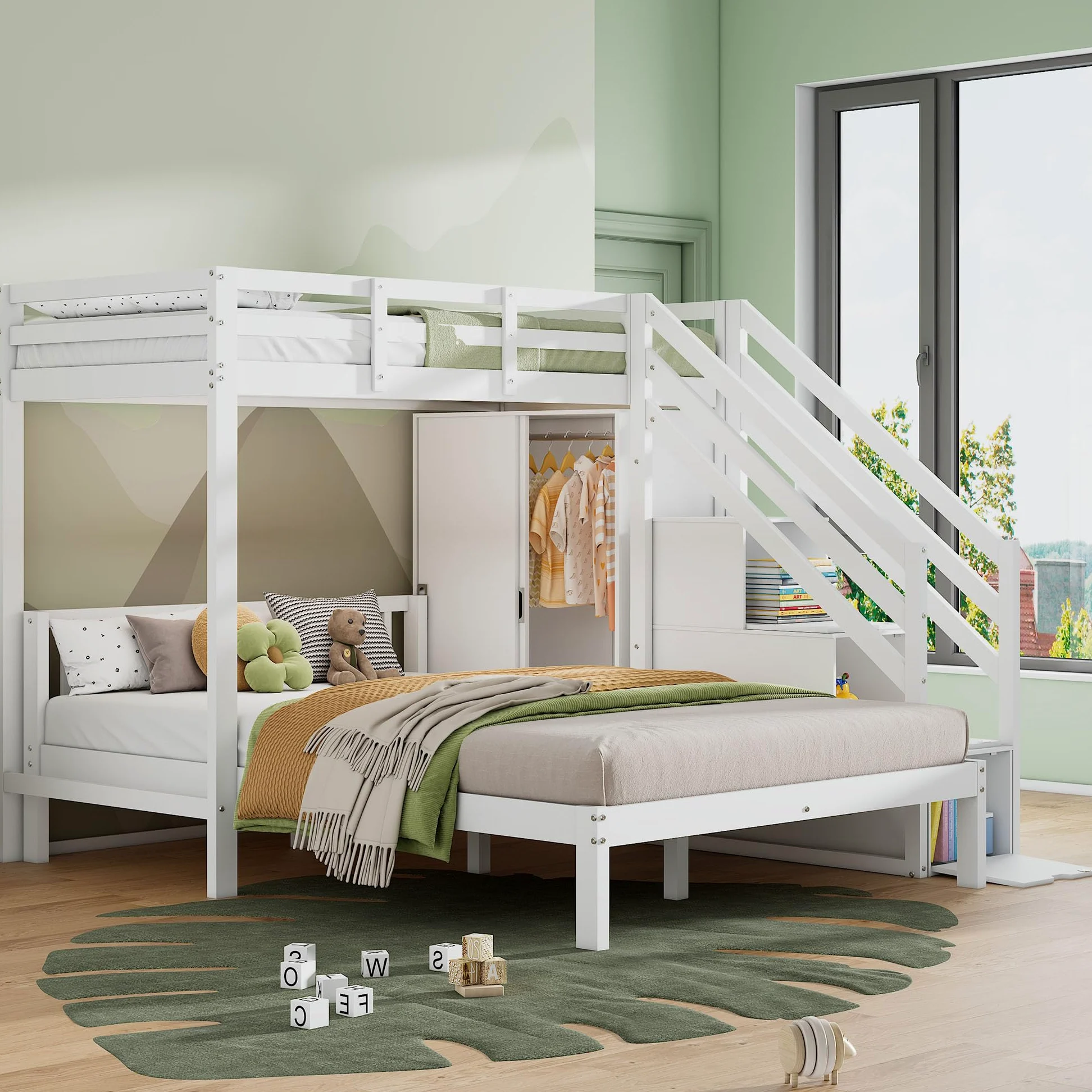 Letto a castello con guardaroba, letto a castello per bambini, 90 x 200 cm + 140 x 200 cm, multifunzione, con scaletta, grande spazio di archiviazione, senza materasso, bianco