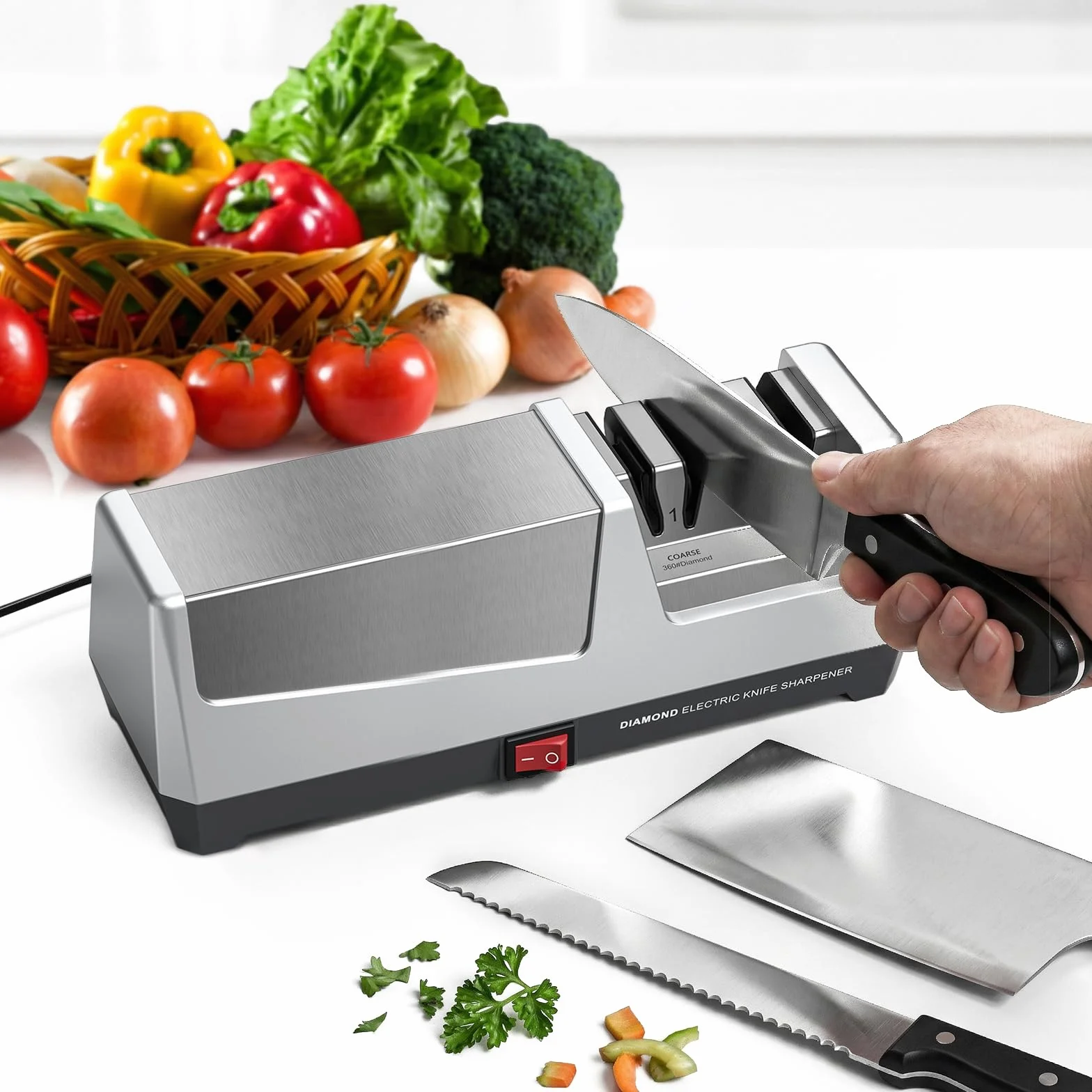 Affilacoltelli Elettrico Professionale 2 Livelli Dischi Diamantati Affilatura Rapida Coltelli da Cucina