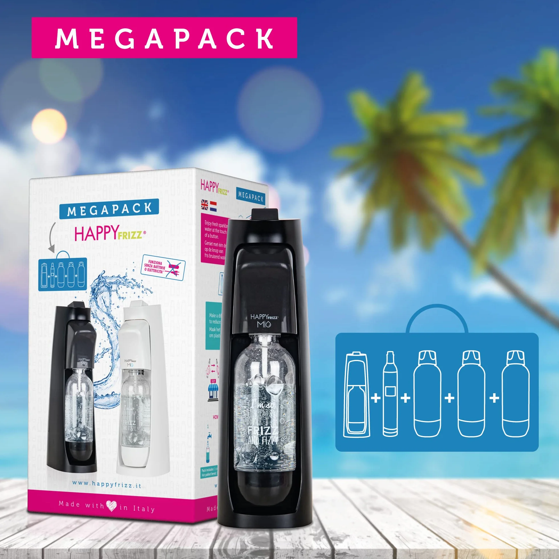 Happy Frizz GASATORE Mio Black Opaco - MEGAPACK - (gasatore + 3 Bottiglie Nere)