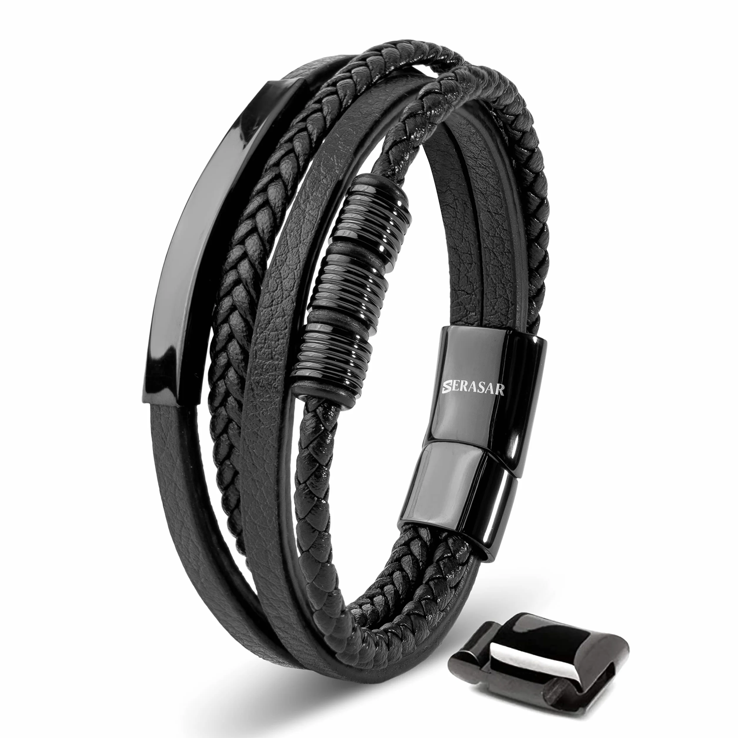 SERASAR Bracciale da uomo in pelle nero argento oro chiusura magnetica acciaio inox con scatola regalo