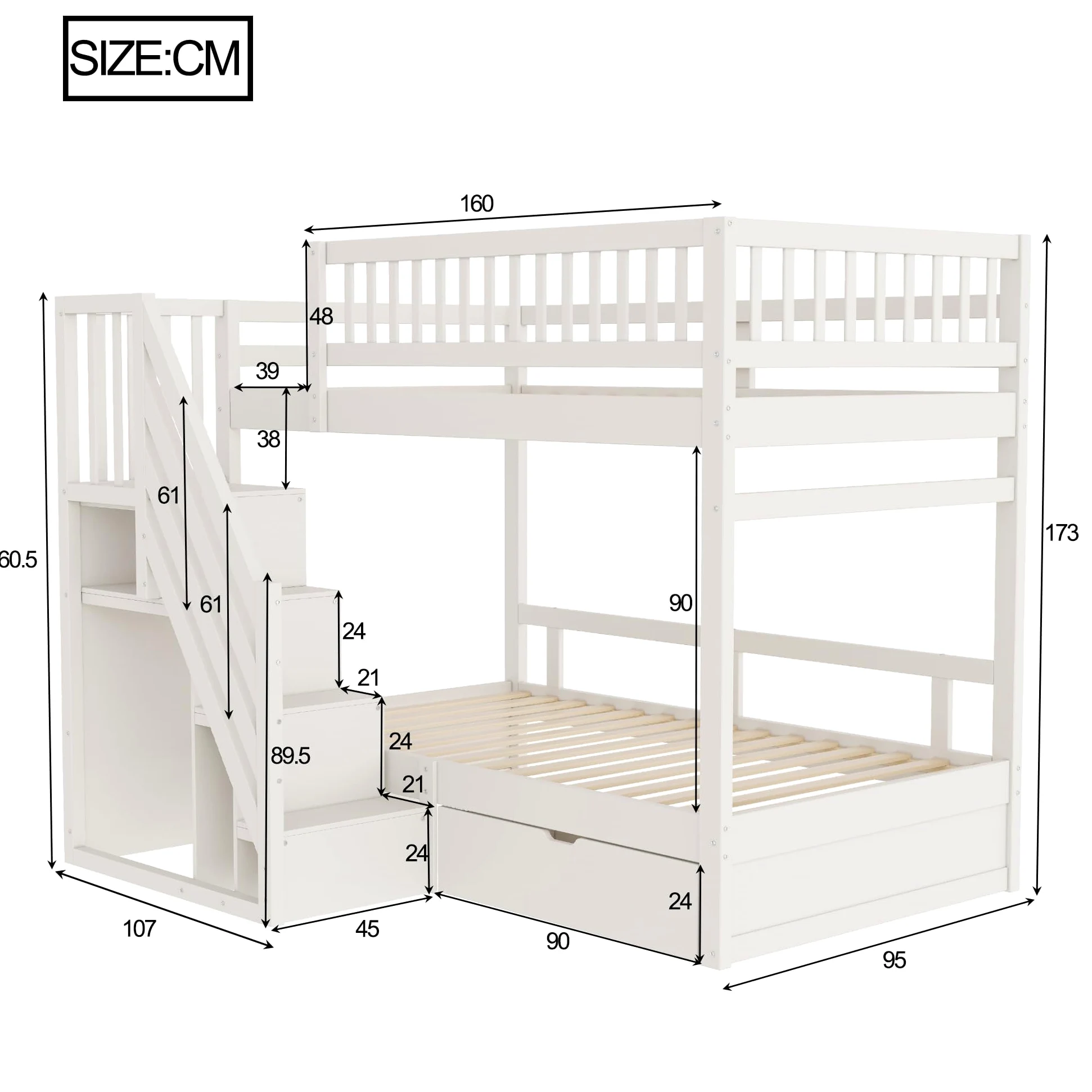 Soweiz Lettino per bambini 90 x 200 cm, in legno massello con rete di sicurezza elevata, con rete a doghe, scala di sicurezza con vano portaoggetti, letto per ragazzi (bianco)