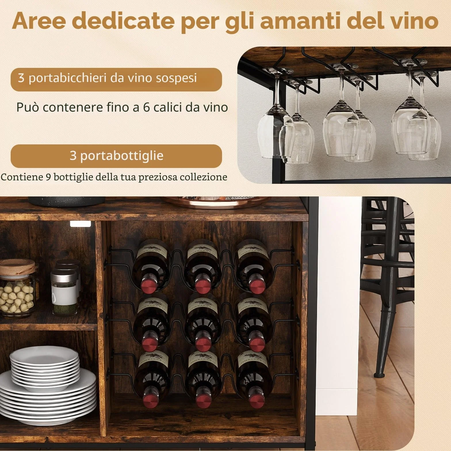 GIANTEX Mobile Porta Vino con 3 Portabicchieri e 9 Scomparti per Bottiglie, Kit Antiribaltamento, Design Industriale per Soggiorno, Sala da Pranzo, Cucina e Bar, Marrone