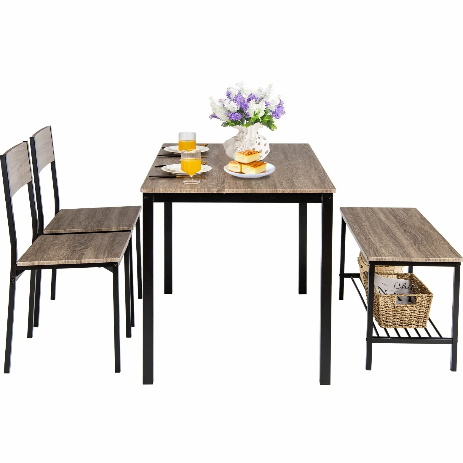 COSTWAY Set Tavolo e Sedie da Cucina 4 Pezzi, Tavolo da Pranzo con 2 Sedie e 1 Panca, Set Mobili da Cucina Salvaspazio con 4 Posti, per Sala da Pranzo e Soggiorno (Rovere grigio)
