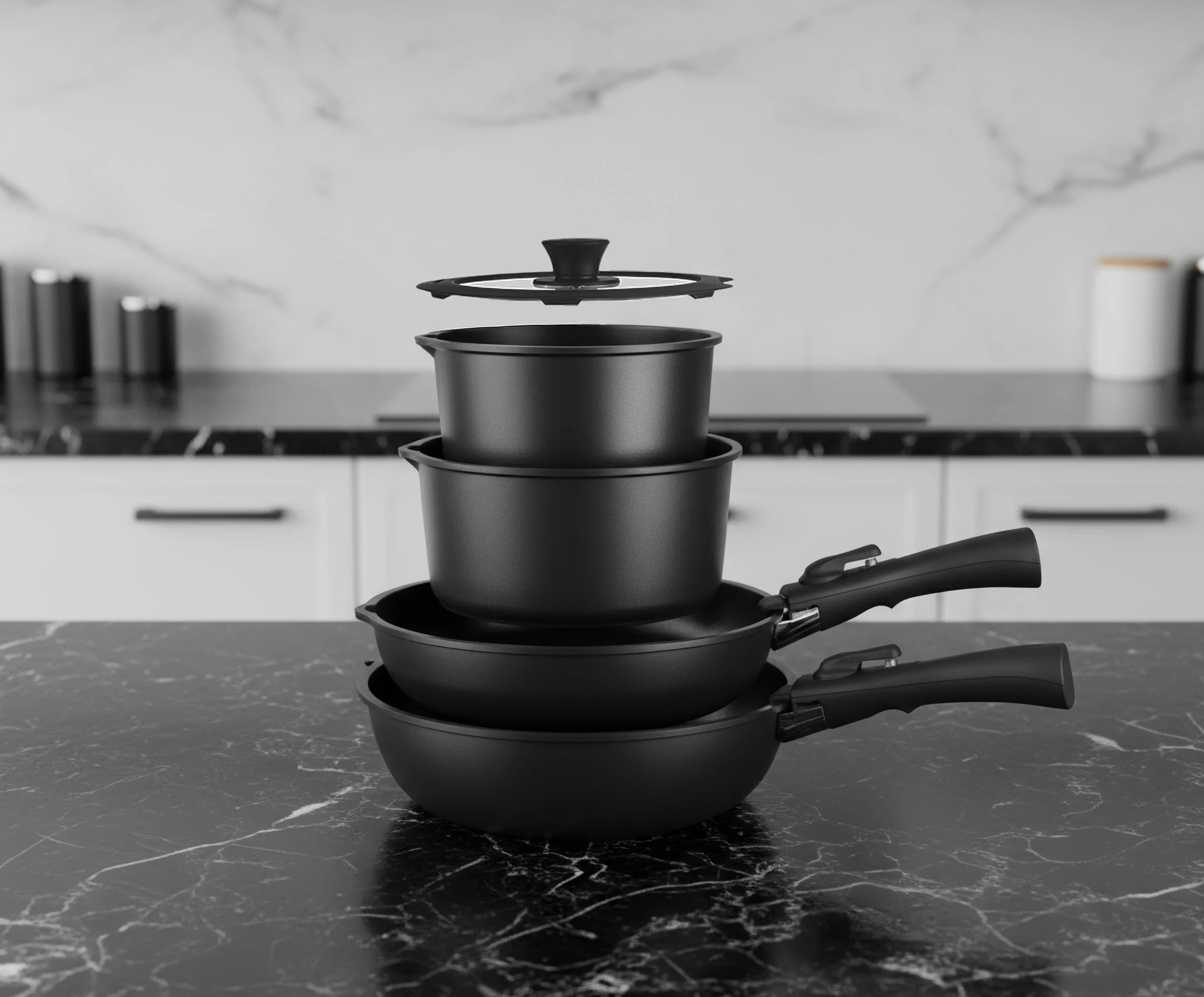 IBILI - Set batteria 9 pezzi Kompakto, padella 20-26 cm, padella profonda 26 cm, pentola 18-20 cm, coperchio 20-26 cm, 2 manici rimovibili, senza PFAS, alluminio pressofuso, impilabile, facile da
