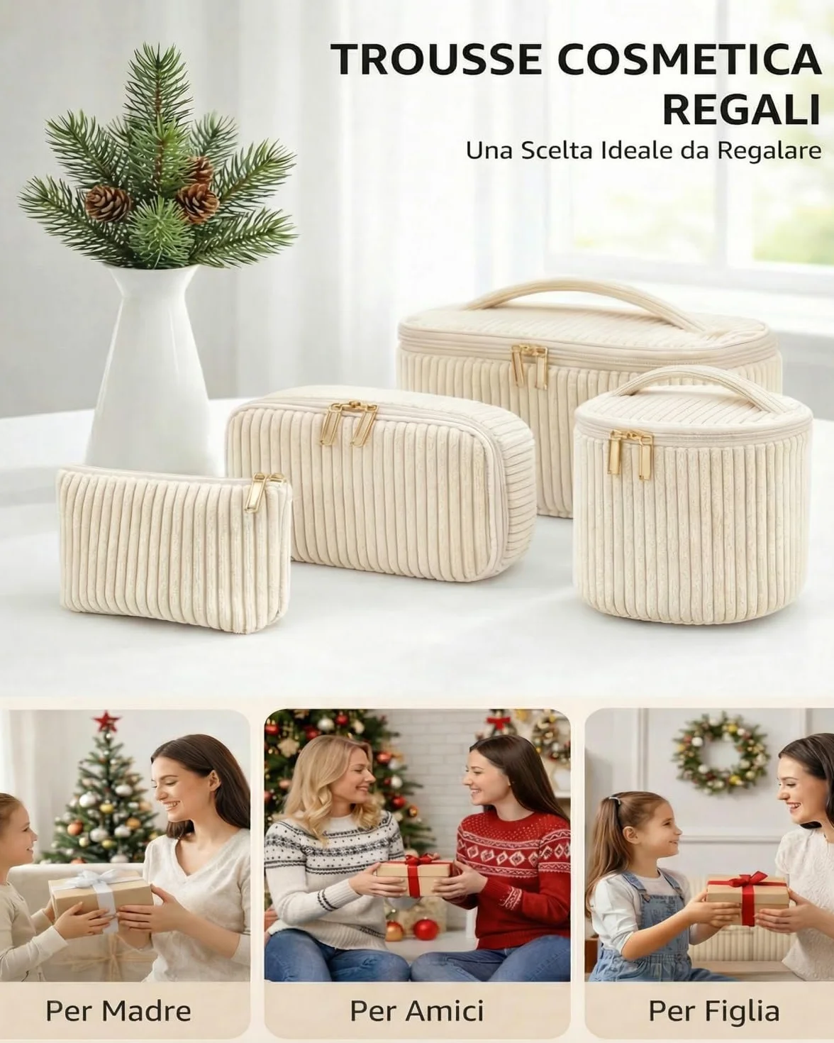 Set da 4 Beauty Case Donna in Velluto a Coste, Pochette Trucco con Manico, Beige