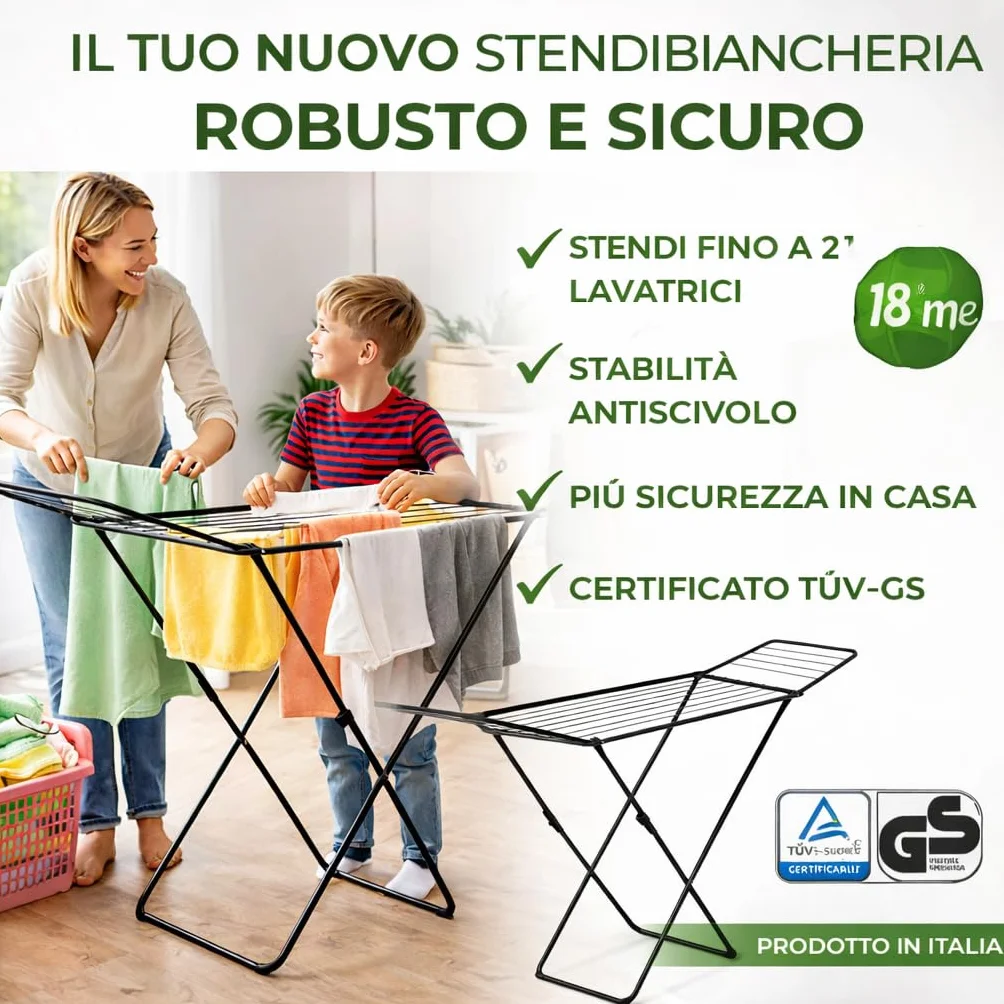 AGRICOLA GIRALDI Stendibiancheria da Pavimento, 18 METRI DI STENDITURA, in Acciaio - Stendino Pieghevole con Piedini Antiscivolo, Sistema Anti-Chiusura, Certificato TÜV-GS, Made in Italy, BLACK