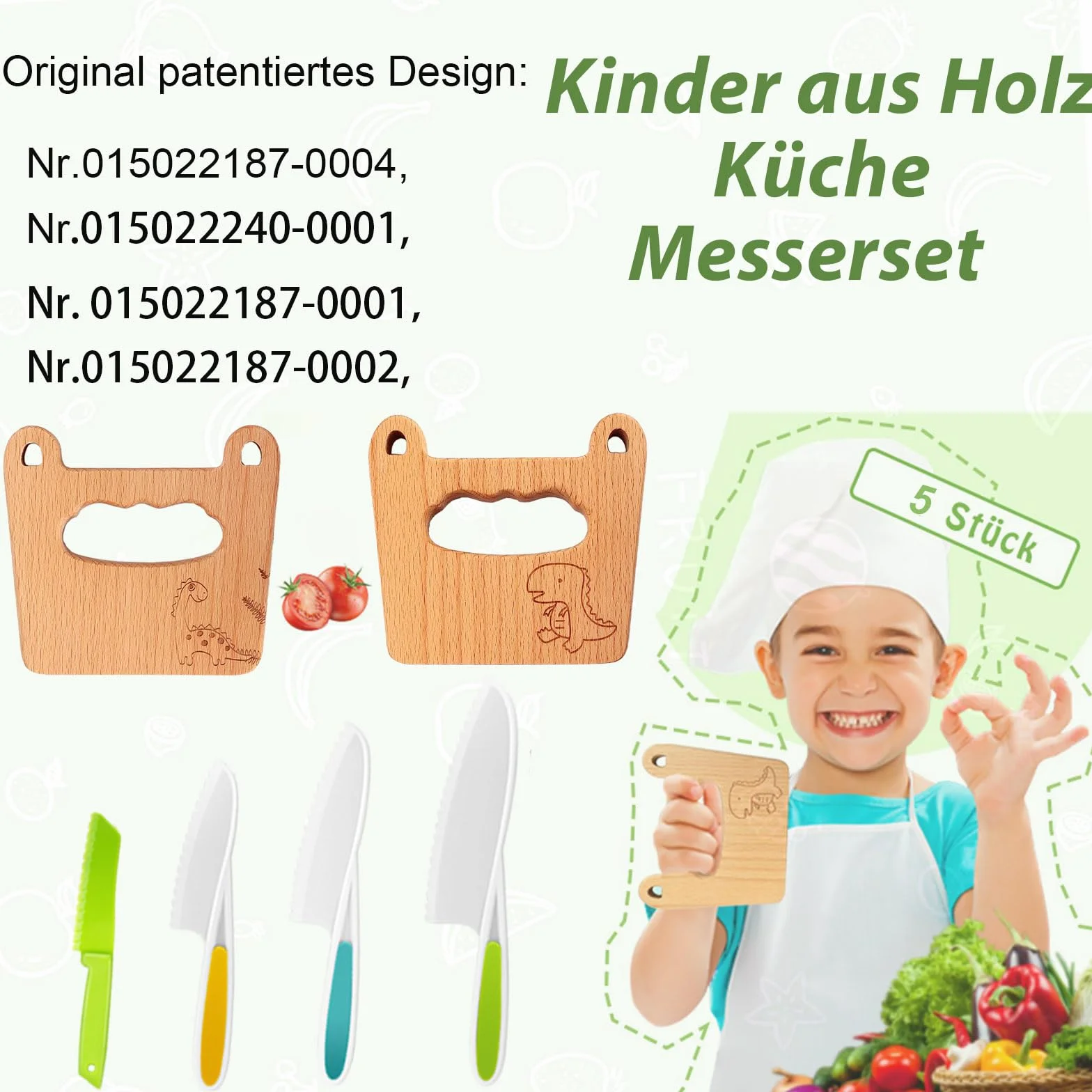 Goodchef Set di 5 coltelli da cucina per bambini per tagliare e cucinare frutta o verdura per bambini piccoli, con coltello in legno a prova di bambino a partire dai 2 anni (dinosauro dagli occhi