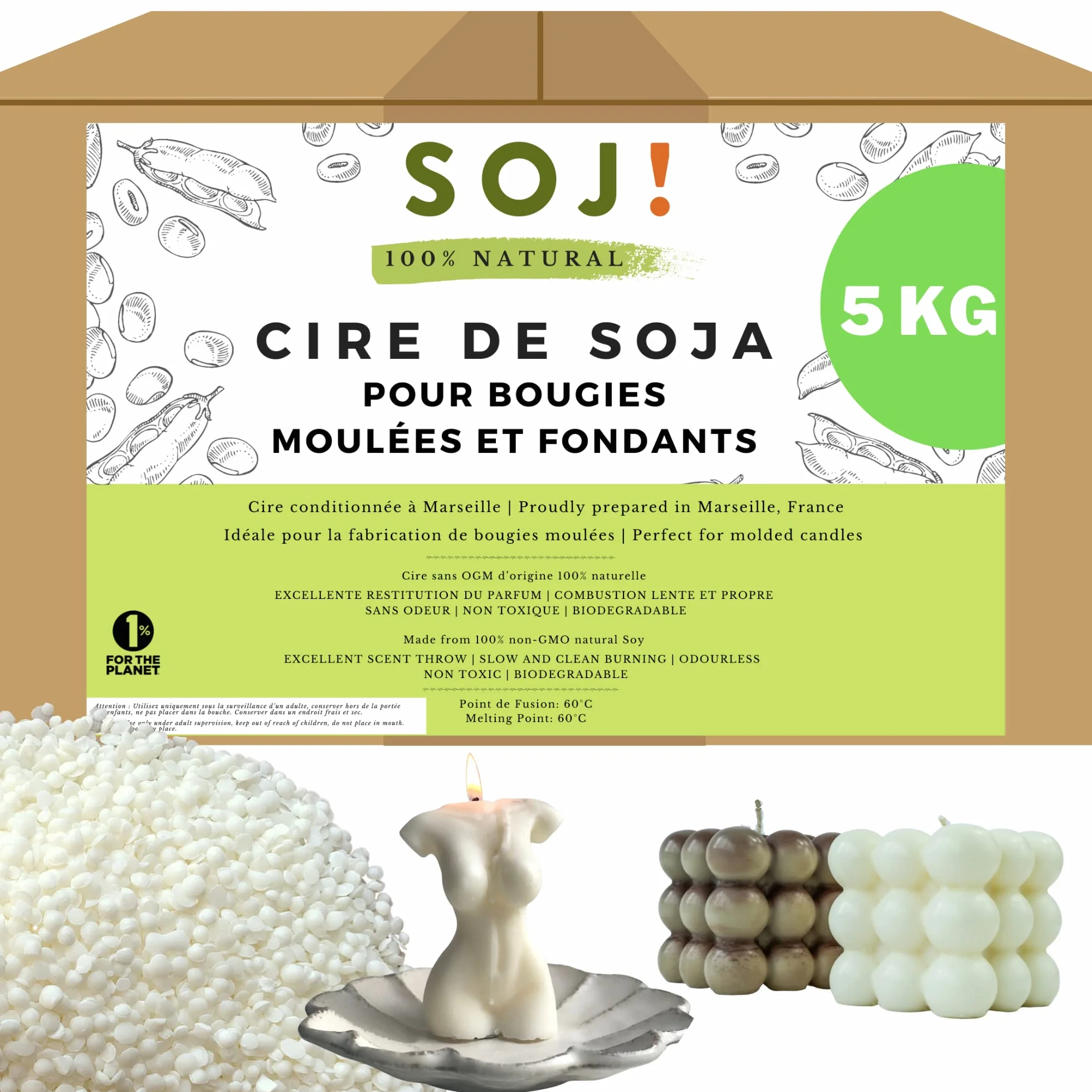 Cera di soia per candele modellata e fondente in pellet, non OGM, 100% naturale, vegano, 5KG