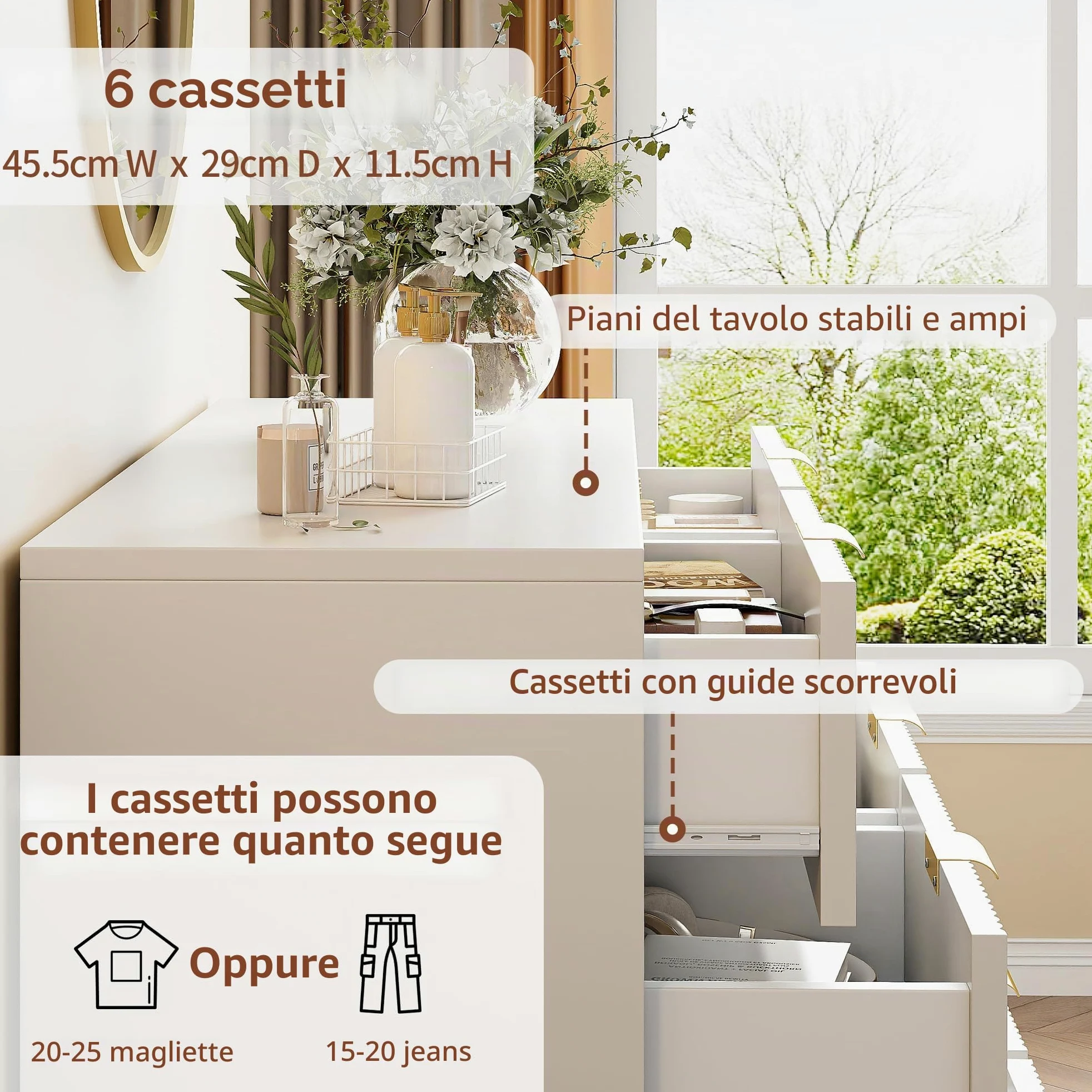 Cassettiera bianca, cassettiera moderna, 6 cassetti, in legno con manici dorati, cassettiera per camera da letto, piccola scanalata (6 cassetti)