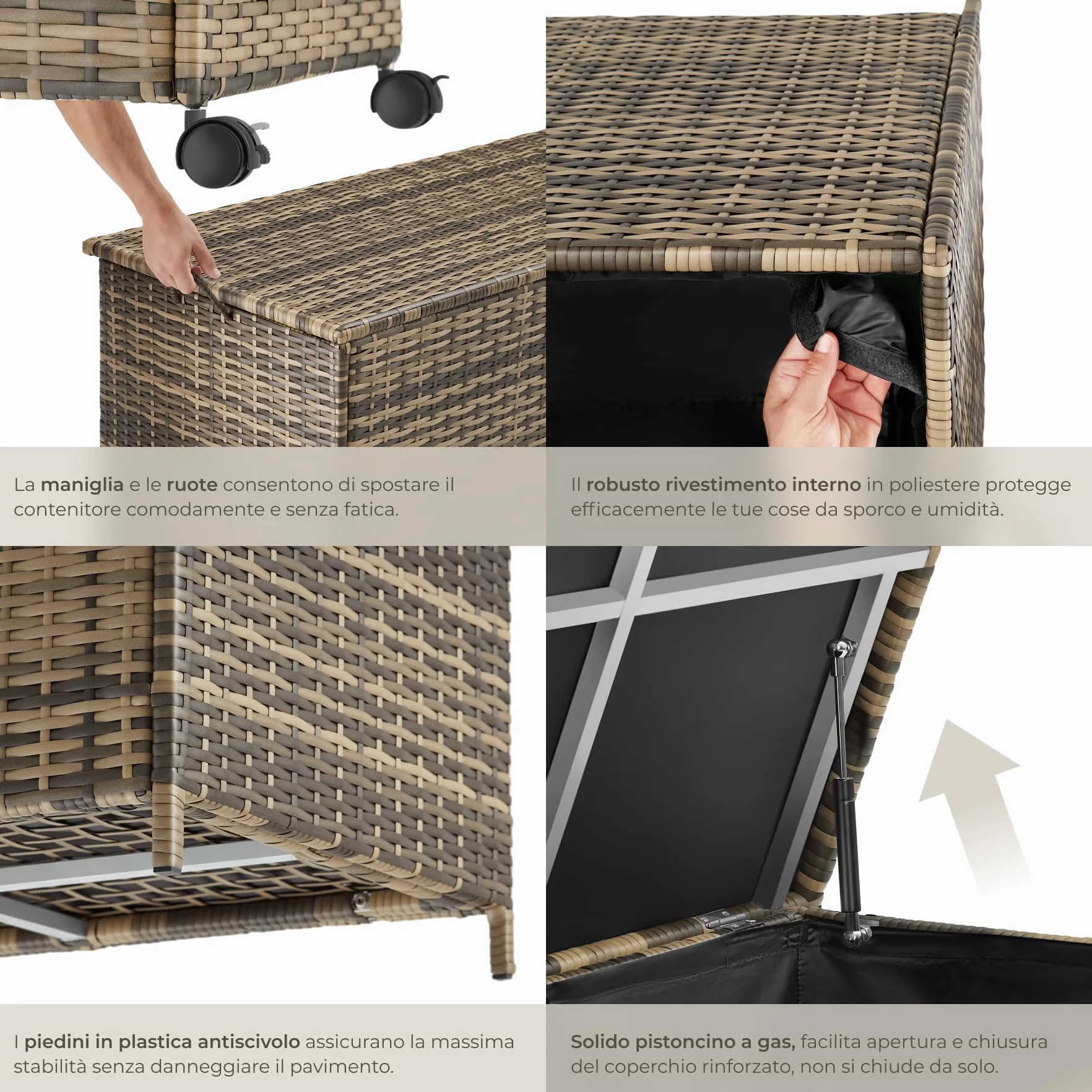 tectake Box Contenitore da Esterno 116x54x64 cm 253 L Polyrattan Alluminio Coperchio Rinforzato Rotelle Girevoli
