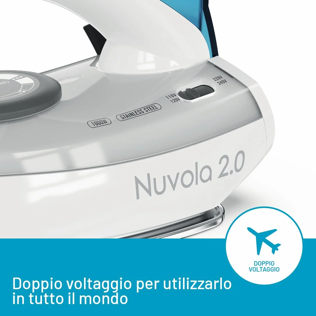 Imetec Nuvola 2.0 - Ferro da Stiro da Viaggio a Vapore - Piastra in Acciaio Inox - 1000 Watt - Compatto e leggero - Manico pieghevole - Custodia da Viaggio - Doppio Voltaggio - Colpo vapore 80 g